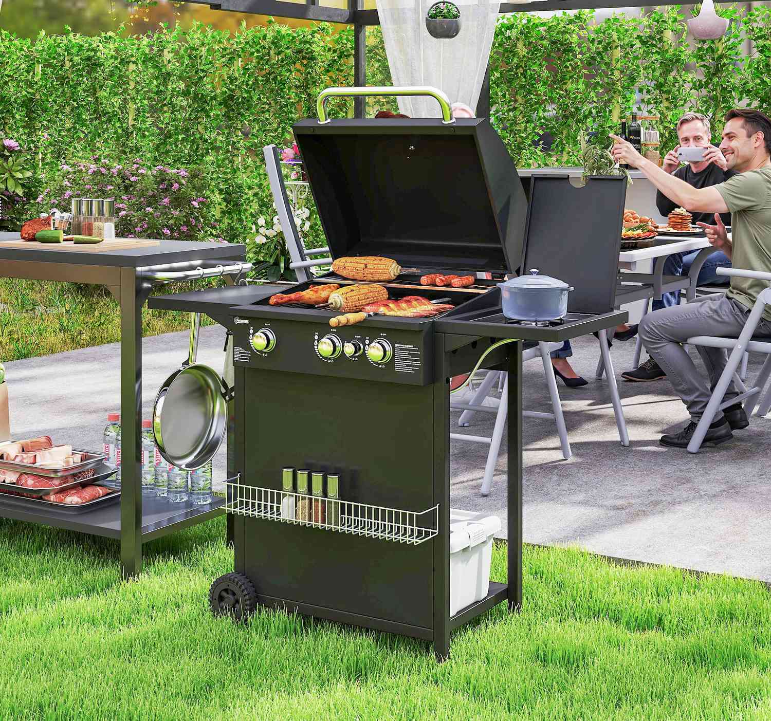 9,5 KW gasolgrillvagn med 4 brännare och sidospis