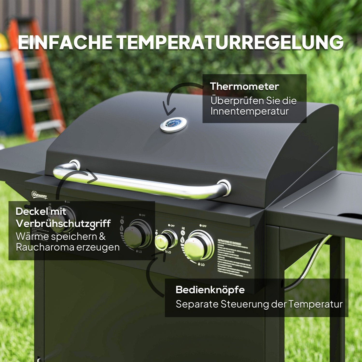 9,5 KW gasolgrillvagn med 4 brännare och sidospis