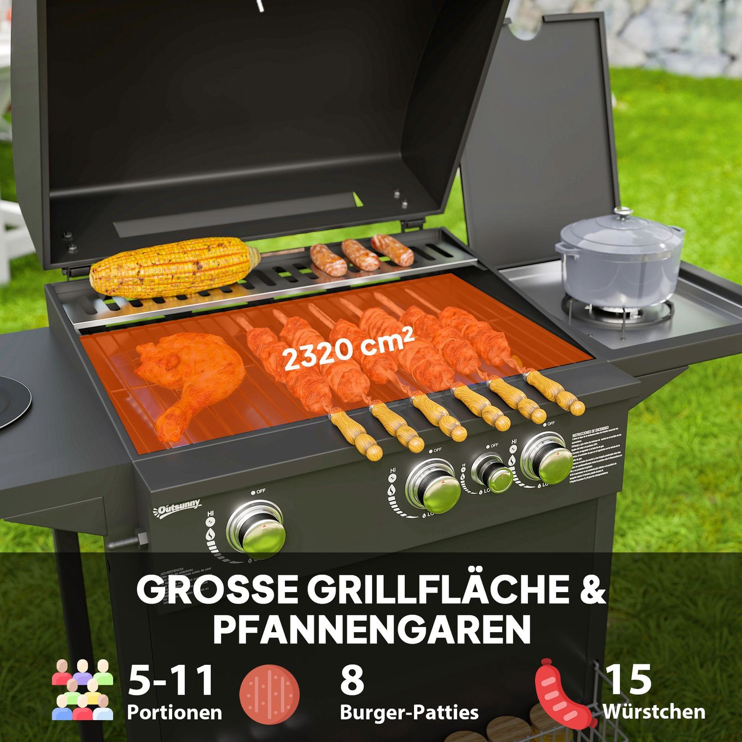 9,5 KW gasolgrillvagn med 4 brännare och sidospis