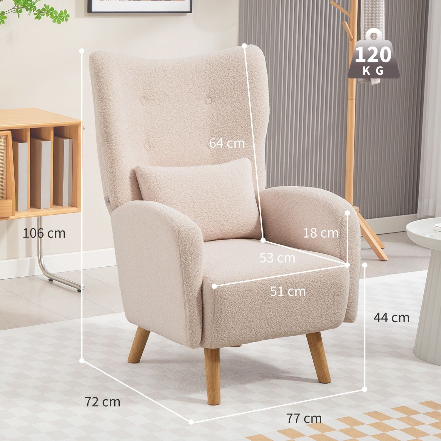 Accentfåtölj, plyschklädsel, skumdyna, beige