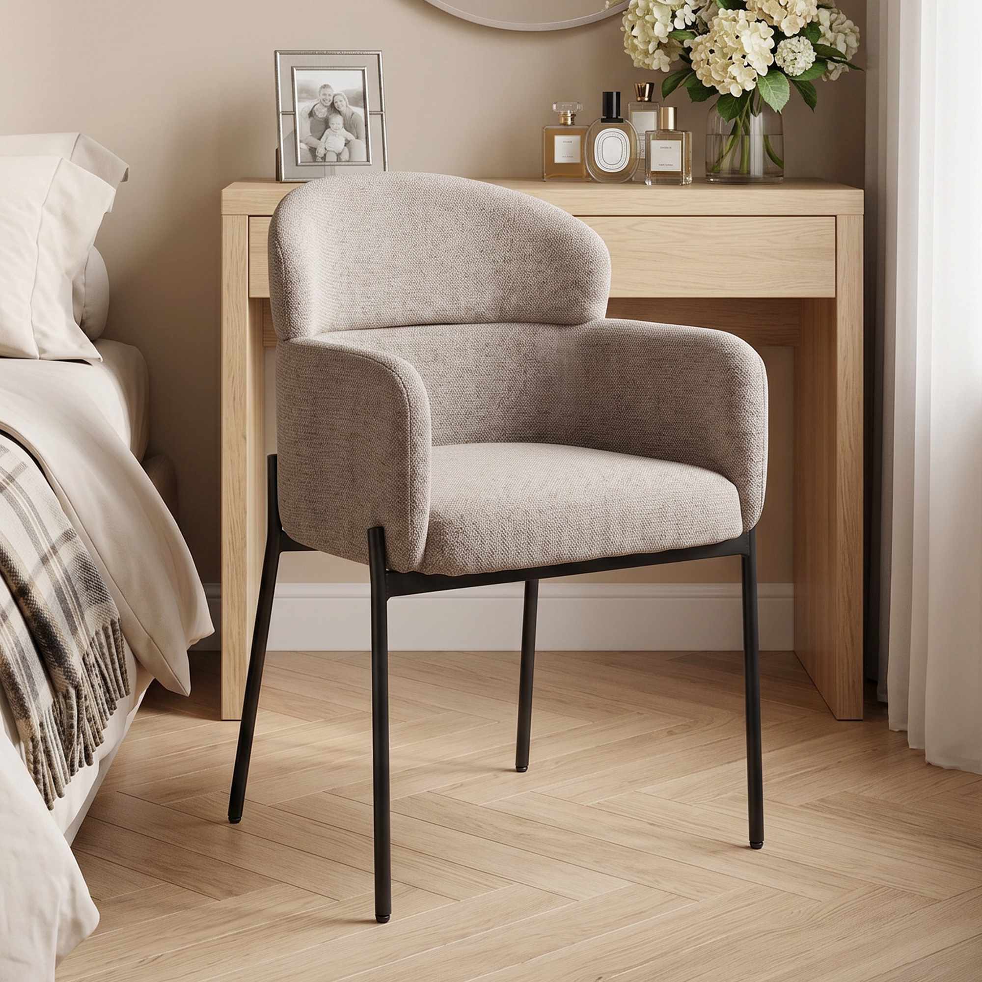 Accentloungefåtölj, armstöd, chenilleklädsel, metallben, brun