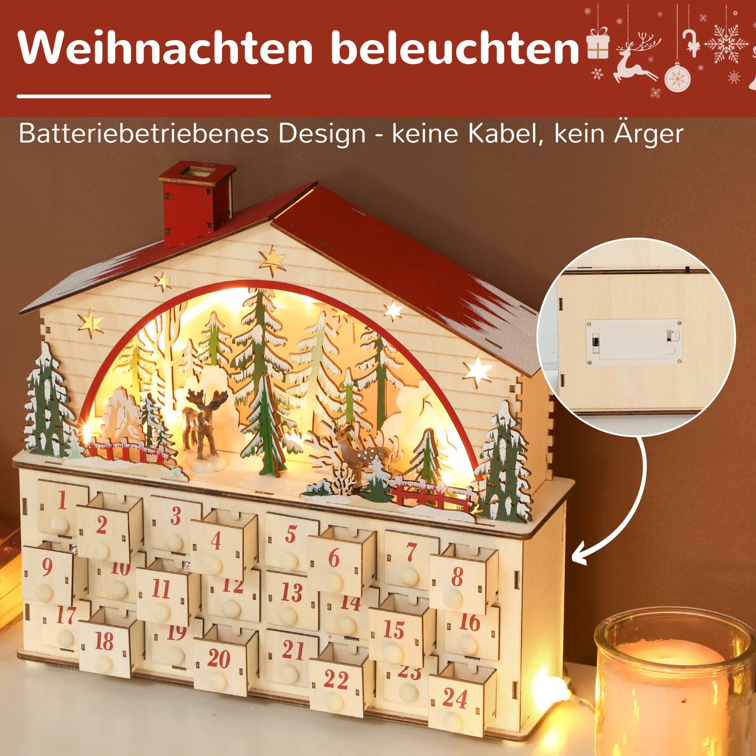 Adventskalender med 24 lådor, LED-lampor, trä, 36x10x34 cm