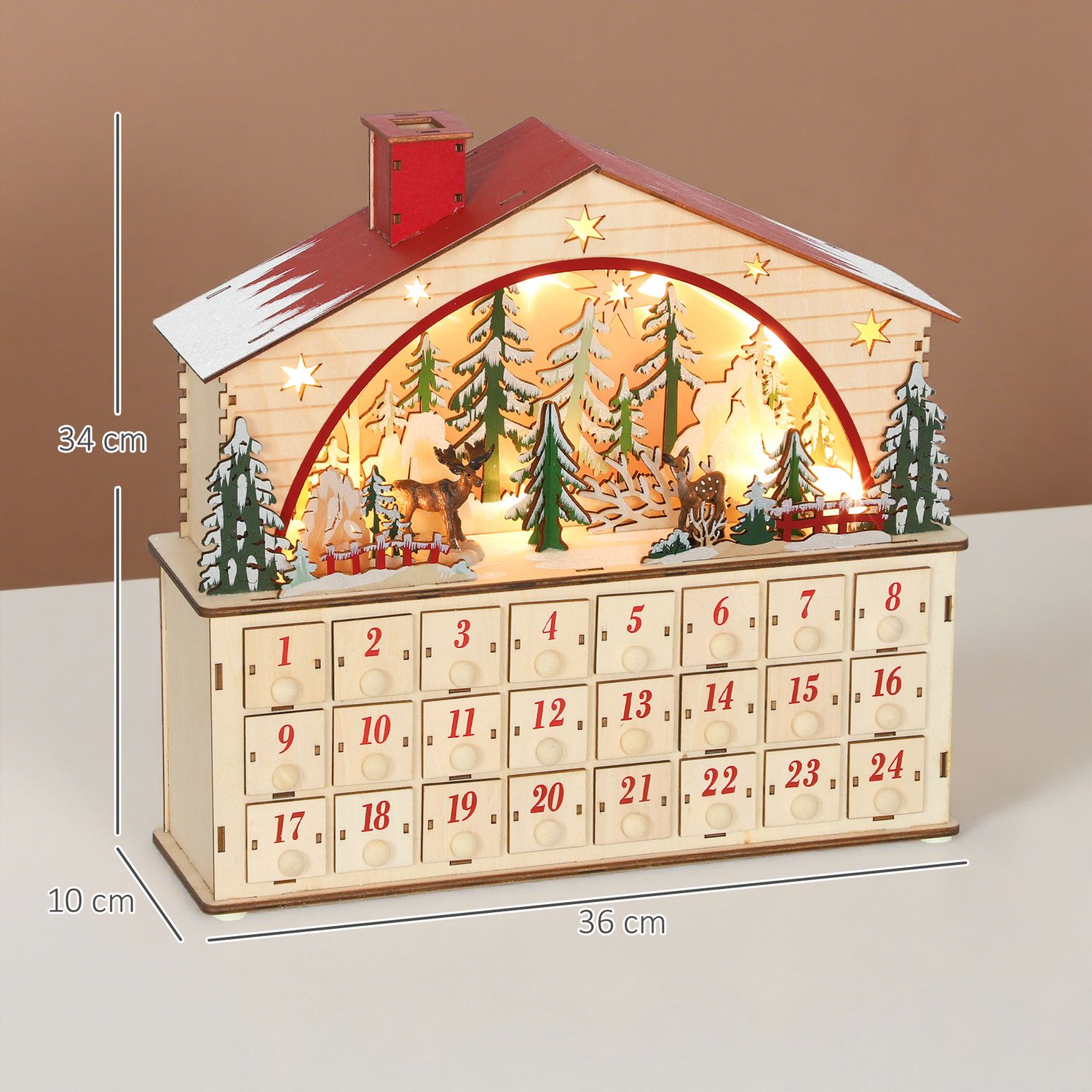 Adventskalender med 24 lådor, LED-lampor, trä, 36x10x34 cm