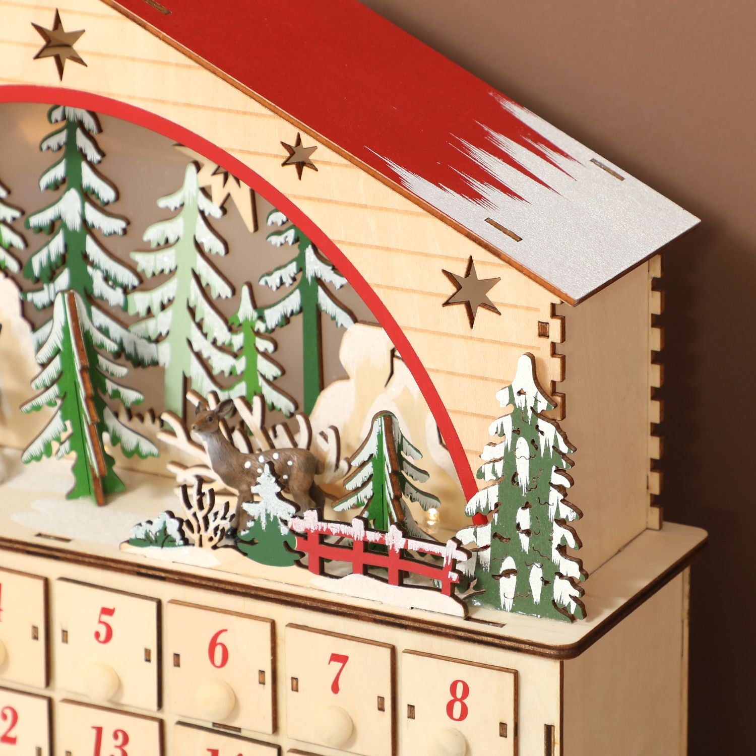 Adventskalender med 24 lådor, LED-lampor, trä, 36x10x34 cm