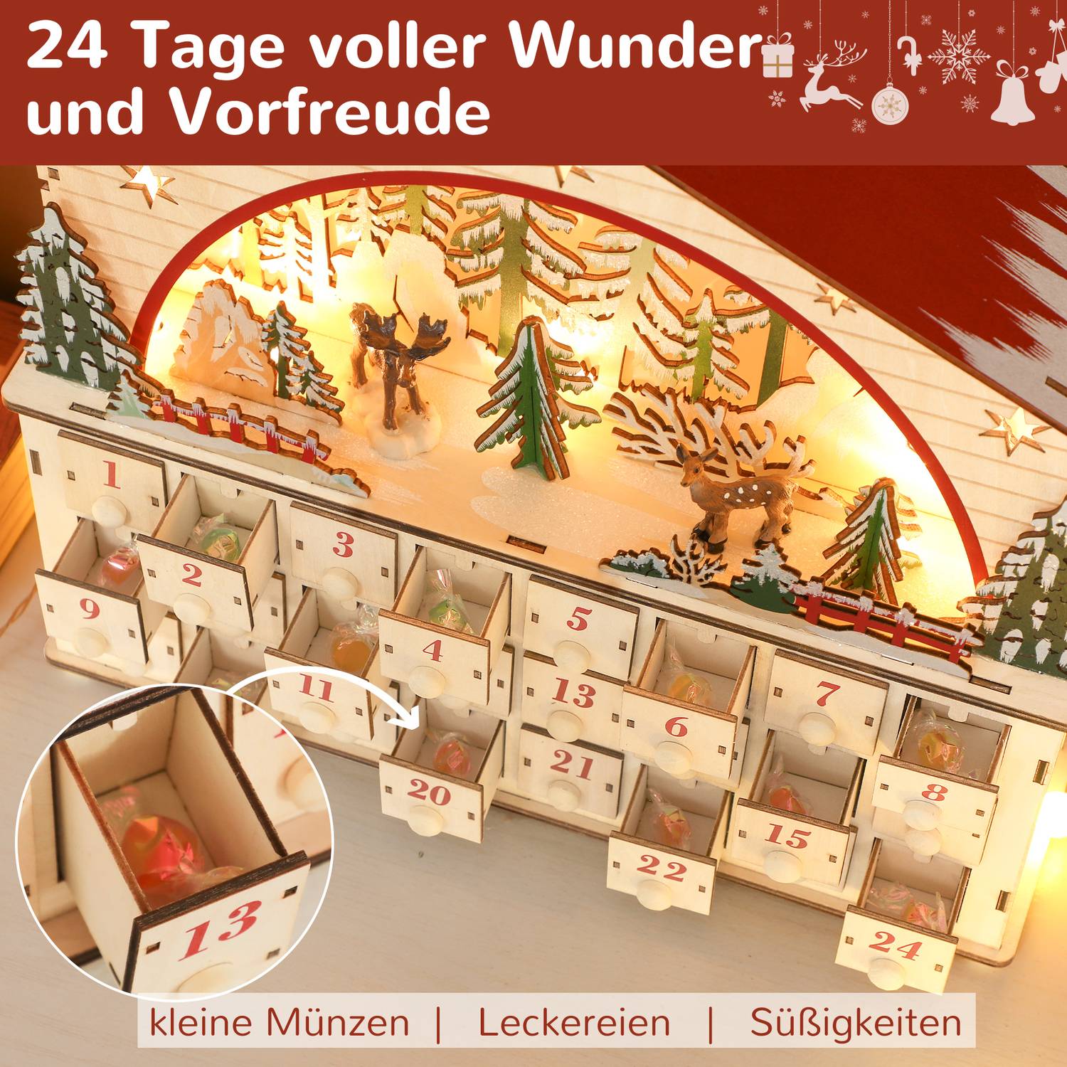 Adventskalender med 24 lådor, LED-lampor, trä, 36x10x34 cm