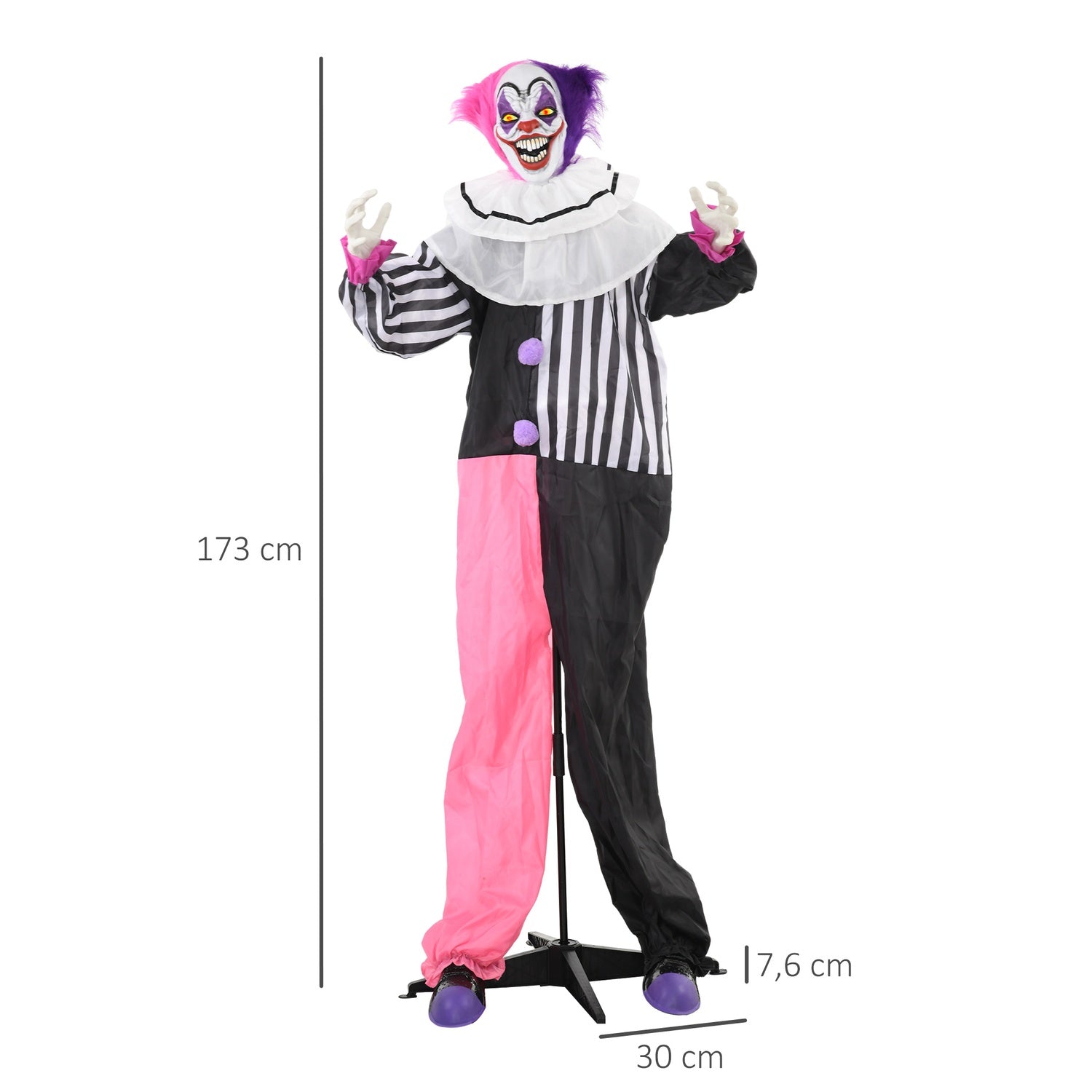 Animerad Halloween-clownrekvisita med rörelse och ljud, 173 cm