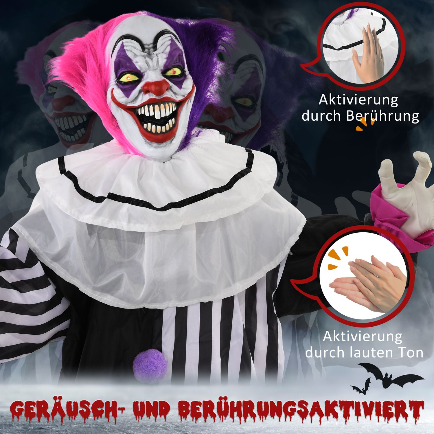 Animerad Halloween-clownrekvisita med rörelse och ljud, 173 cm