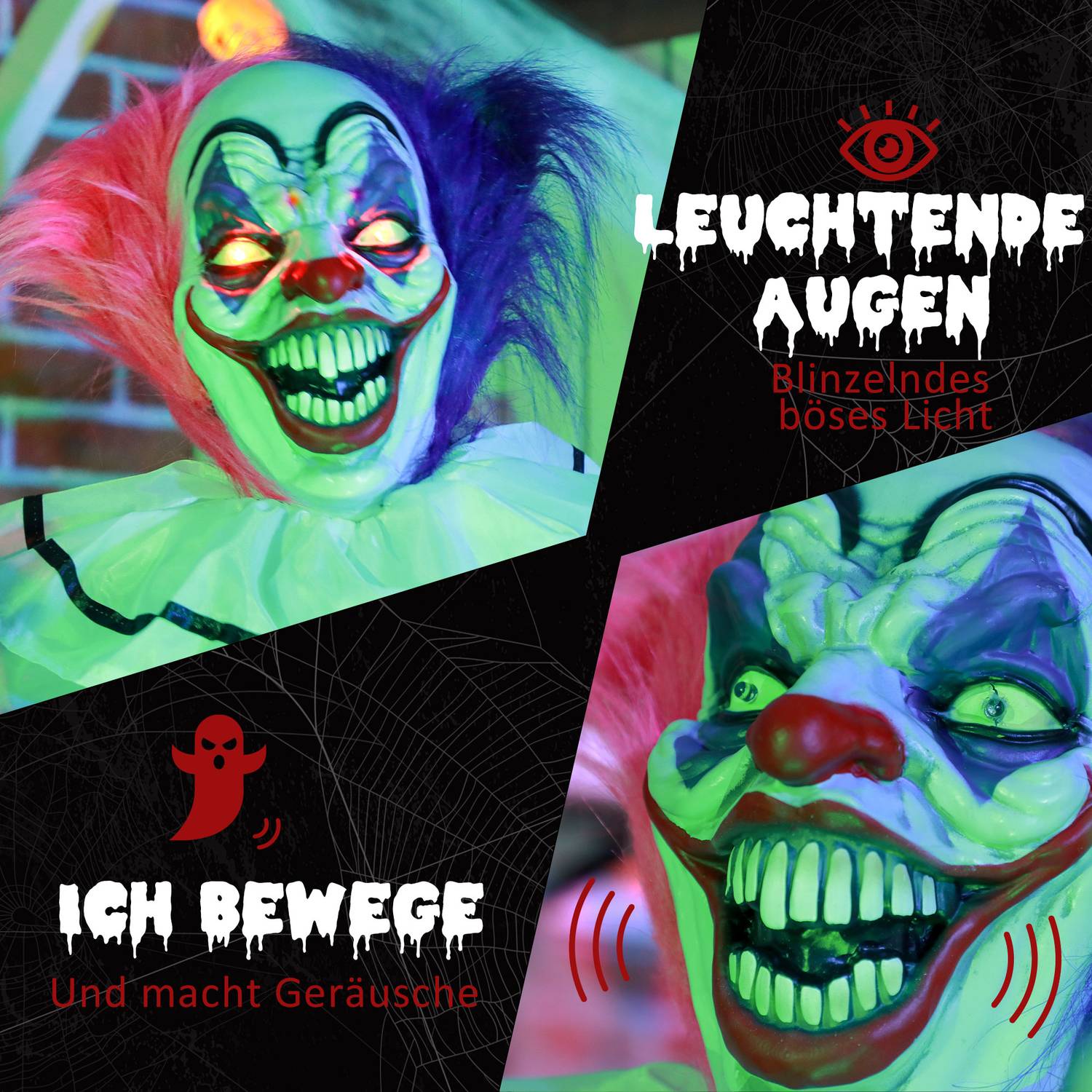 Animerad Halloween-clownrekvisita med rörelse och ljud, 173 cm