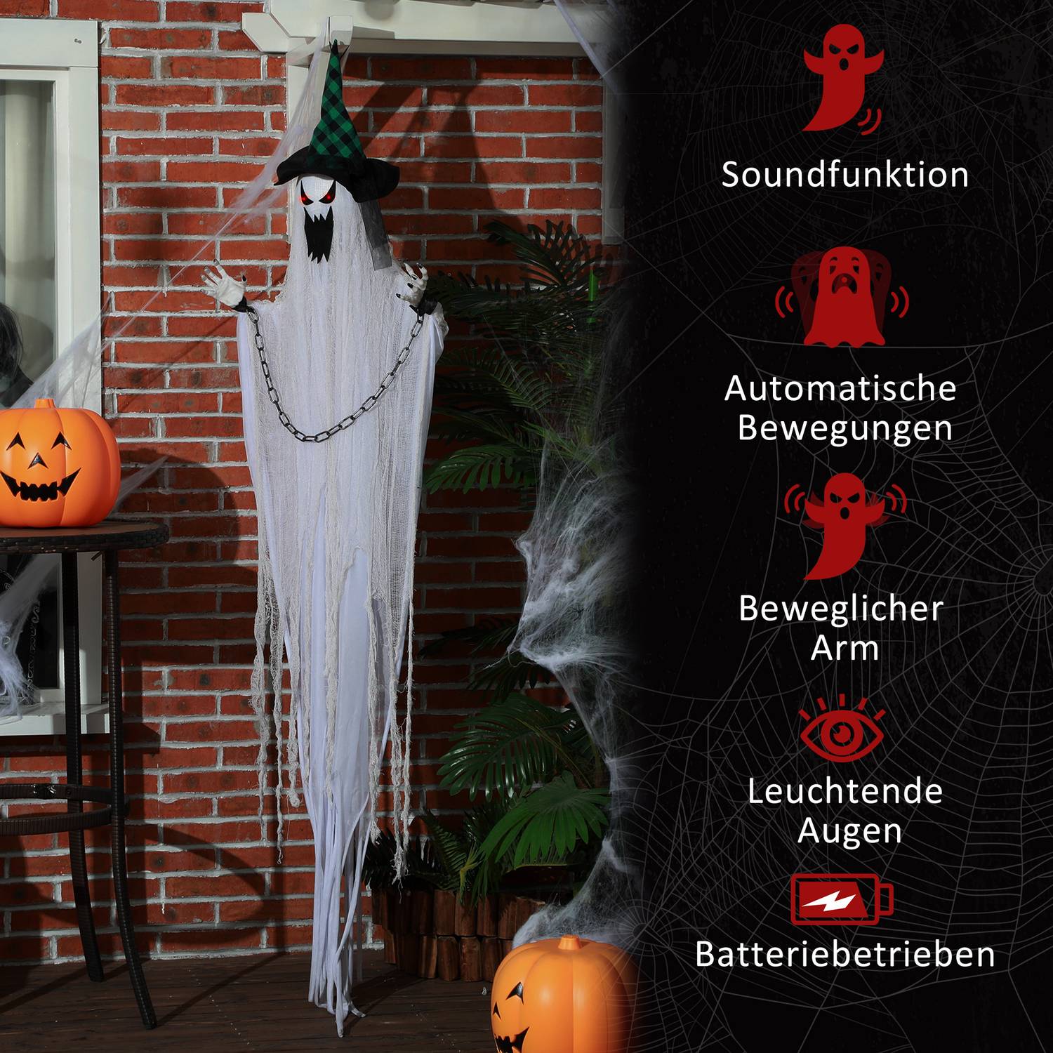 Animerad Halloween-rekvisita – Skakande spöke med röda ögon