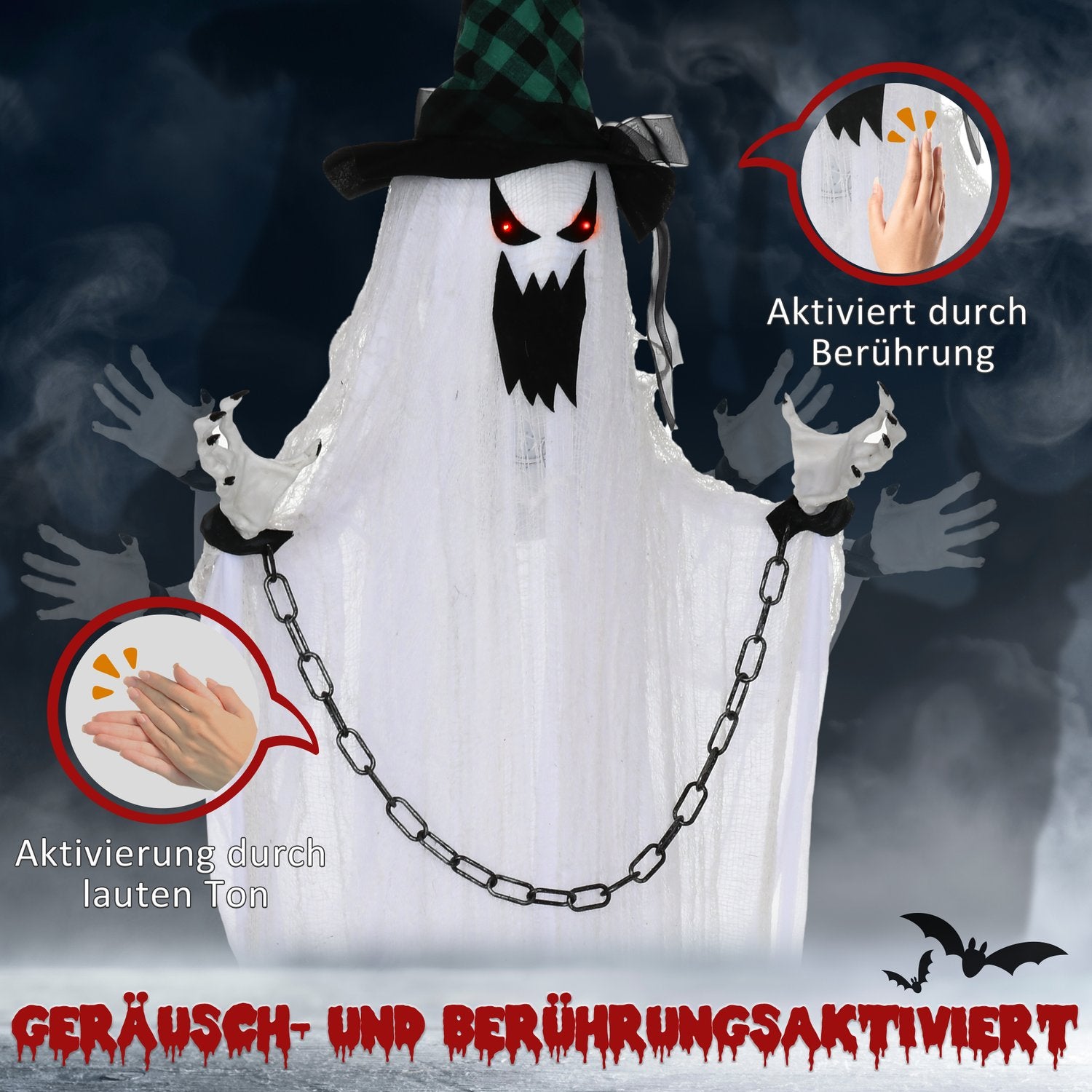 Animerad Halloween-rekvisita – Skakande spöke med röda ögon