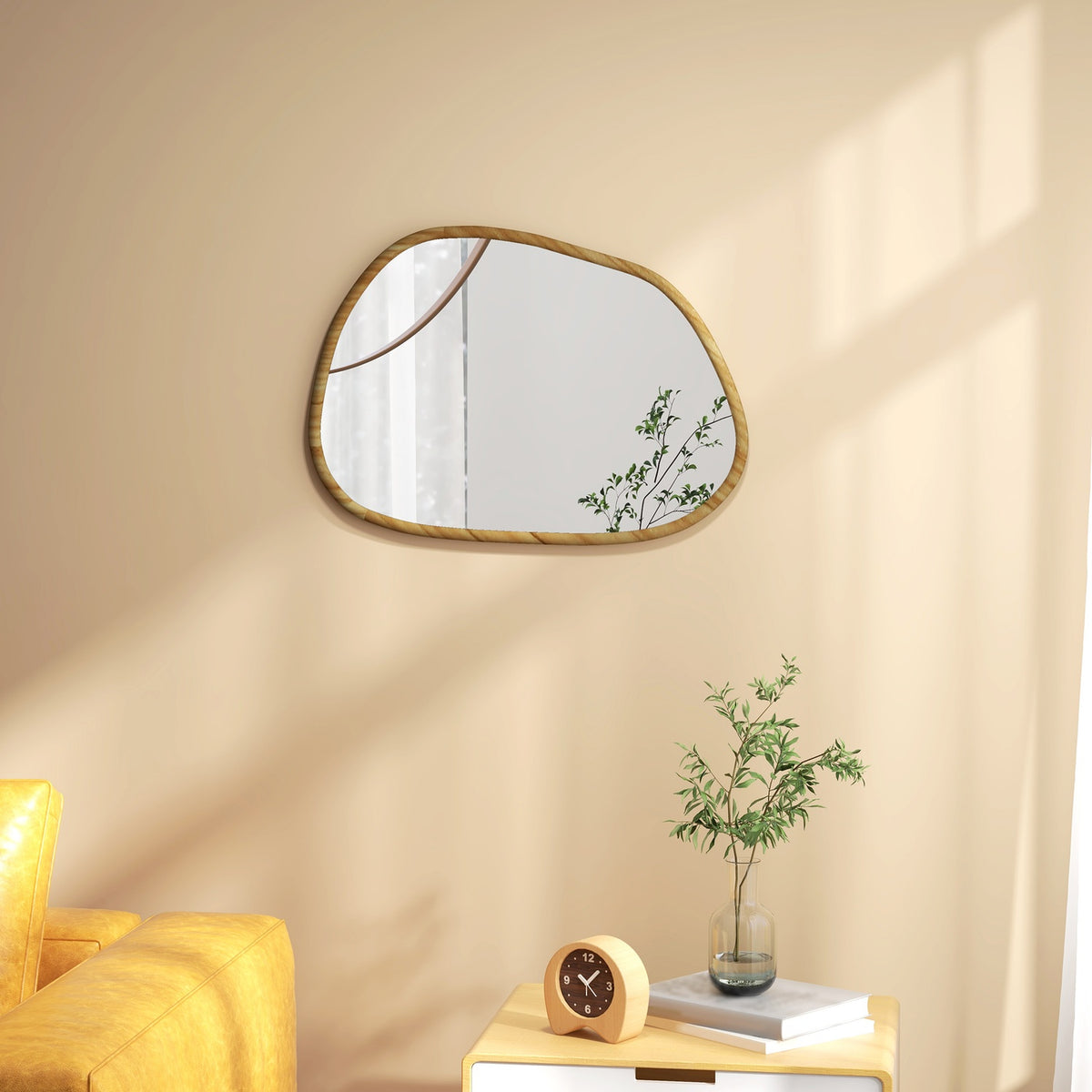 Miroir mural asymétrique, cadre en bois 70x50cm, antioxydant
