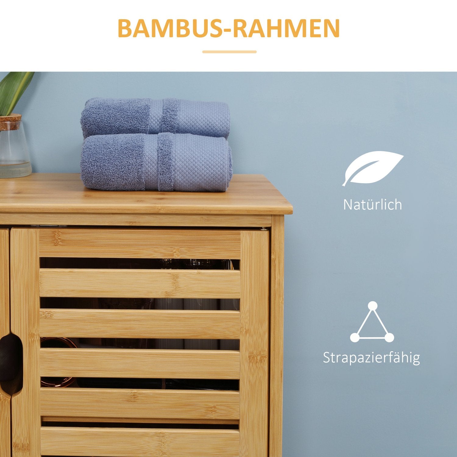 Badrumsskåp, bambu, 2 dörrar, 2 hyllor, natur