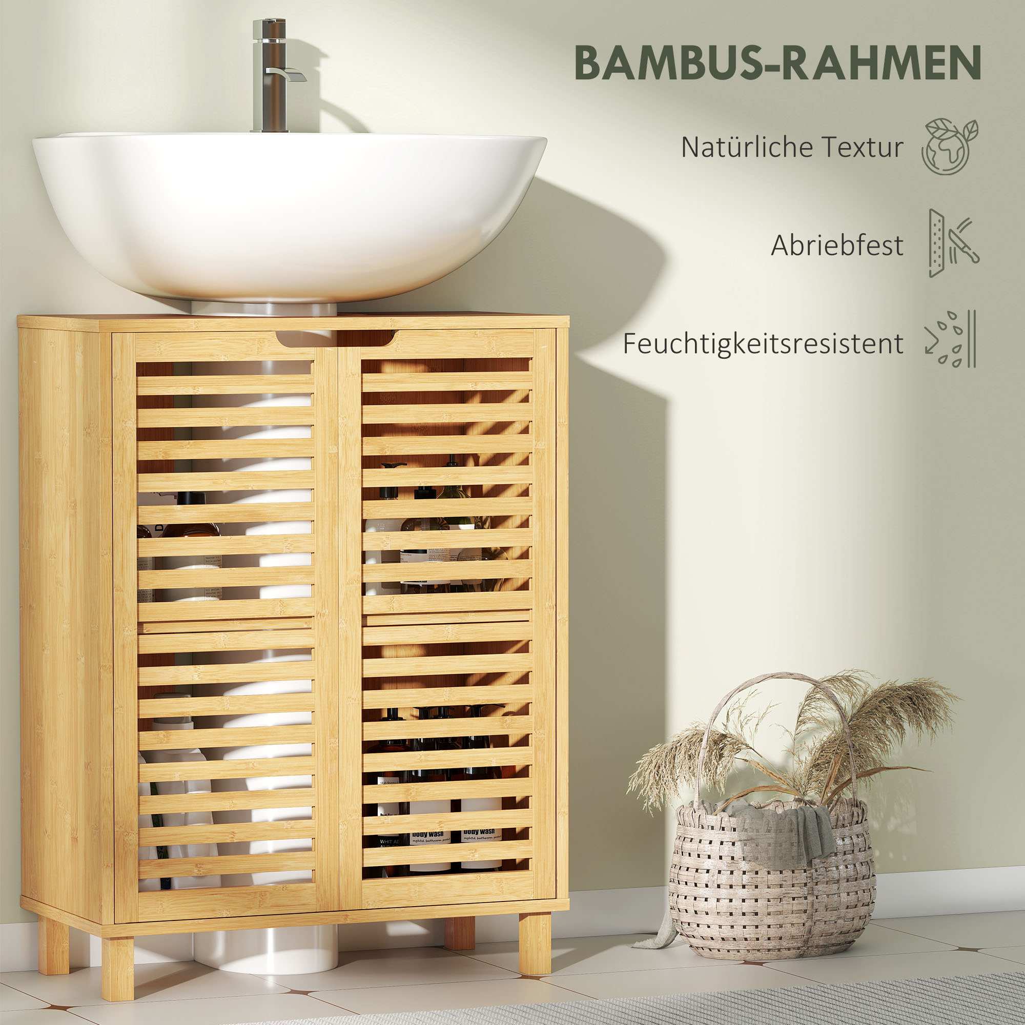 Badrumsskåp i bambu, justerbara hyllor, naturlig