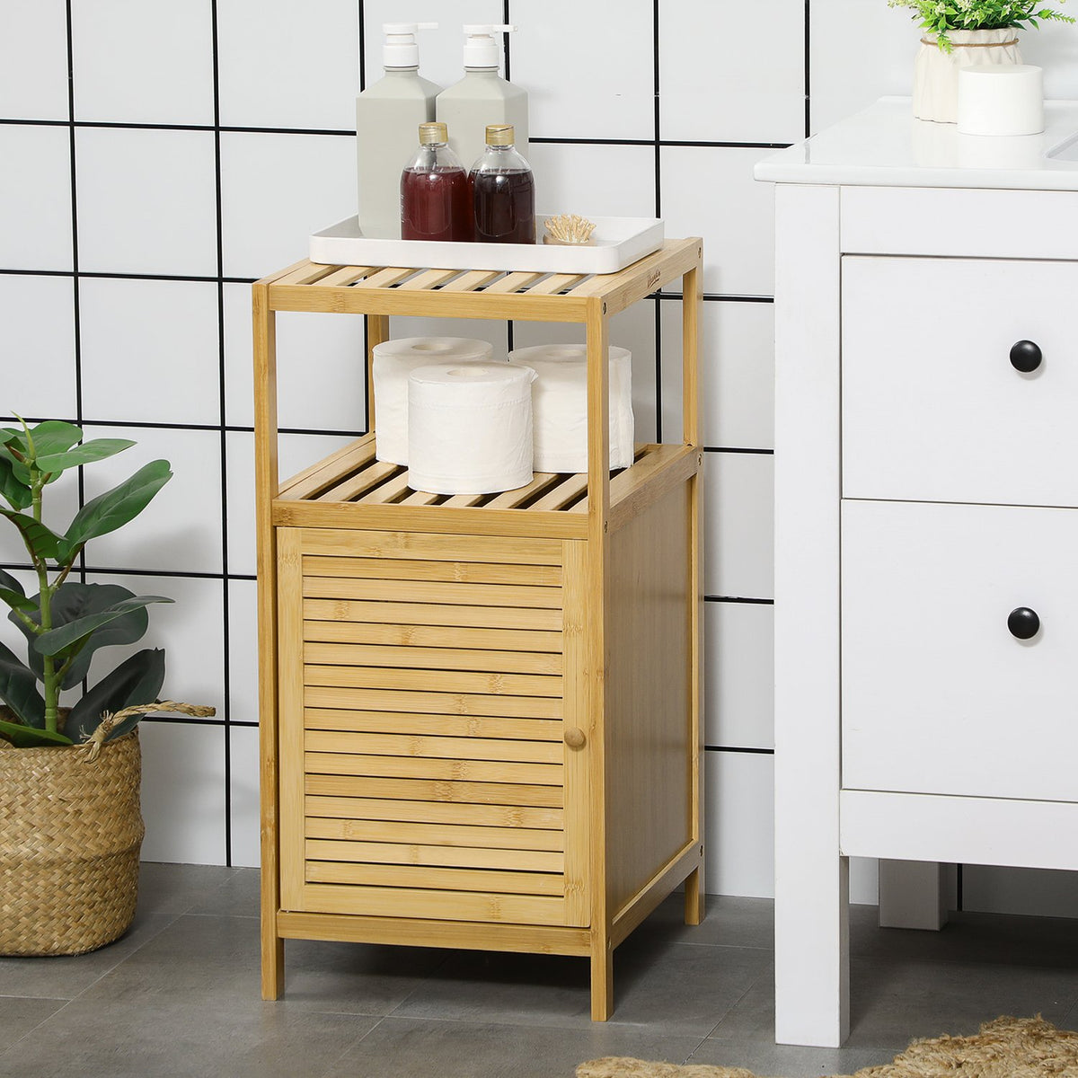 Mobile da bagno in bambù, scaffale aperto, design antiribaltamento