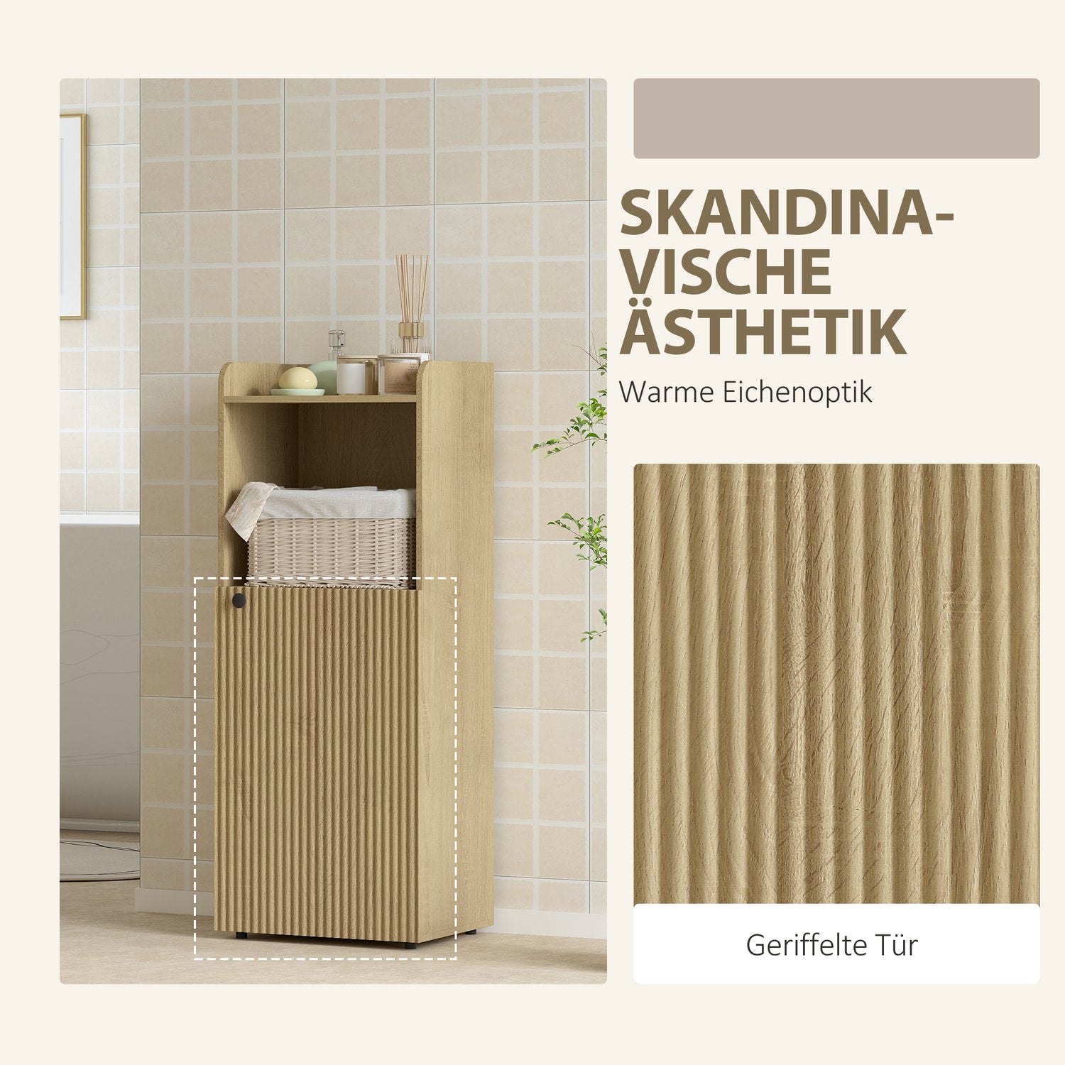 Badrumsskåp med justerbar hylla, gul ek, 40x31x104 cm
