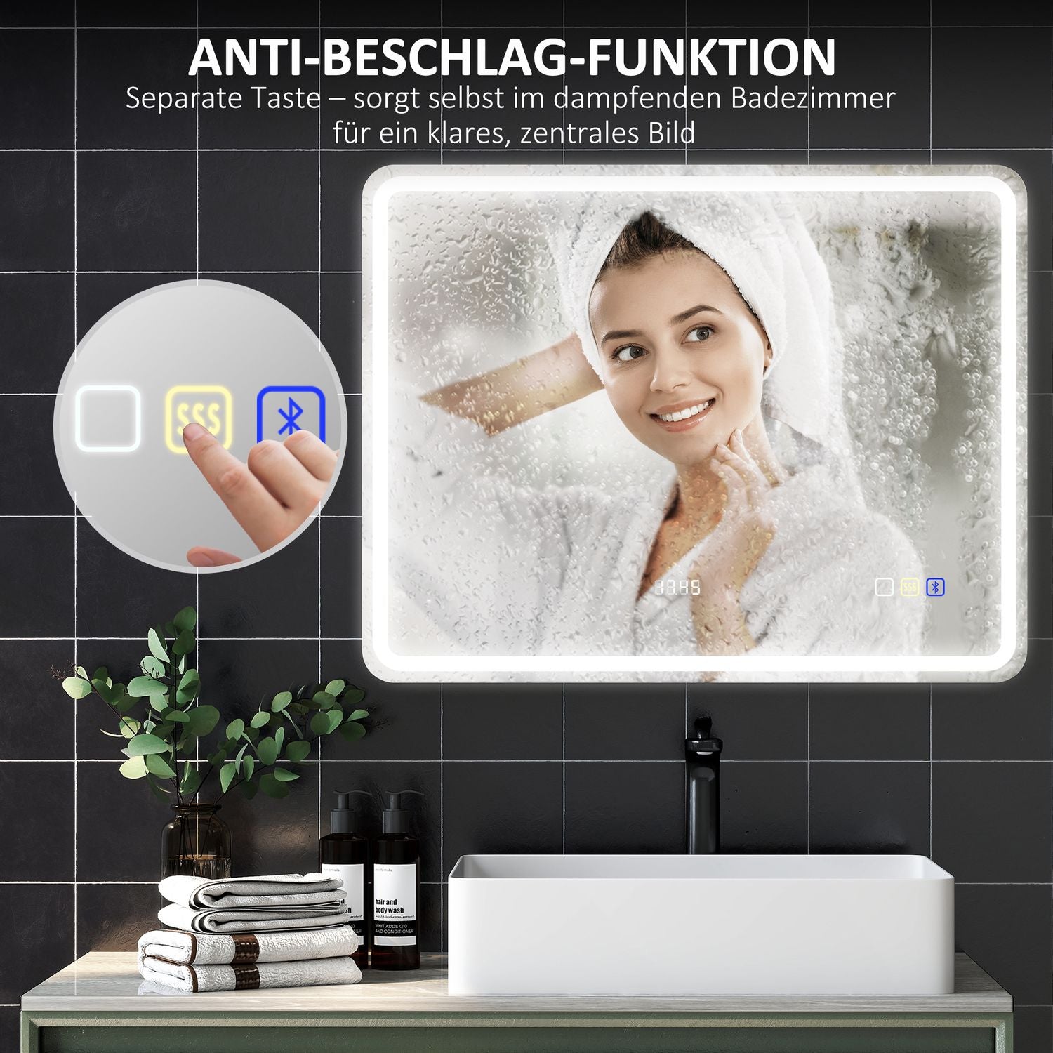 Badrumsspegel med LED-belysning, anti-dimdyna, 3 justerbara färger, klocka, 700 x 900 mm, silver