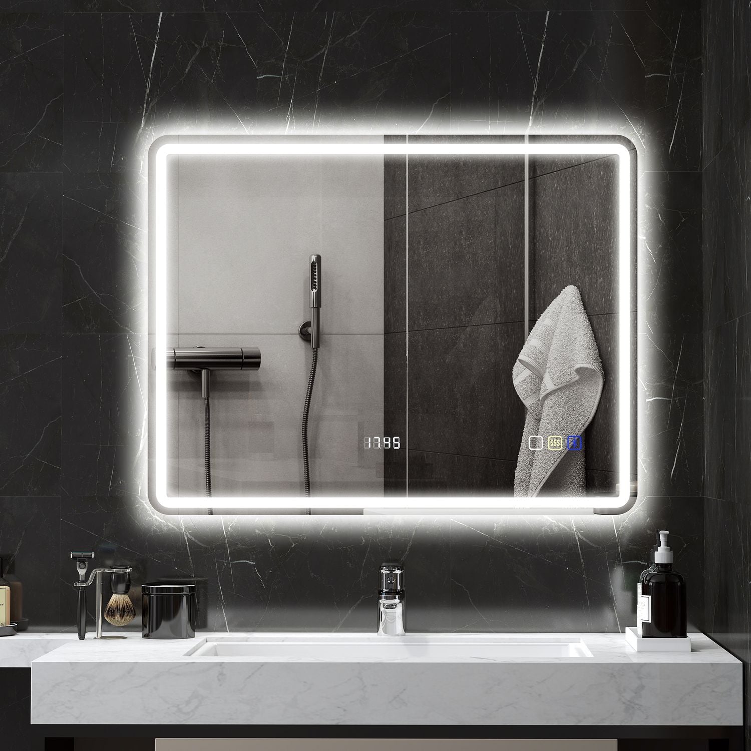 Badrumsspegel med LED-belysning, anti-dimdyna, 3 justerbara färger, klocka, 700 x 900 mm, silver