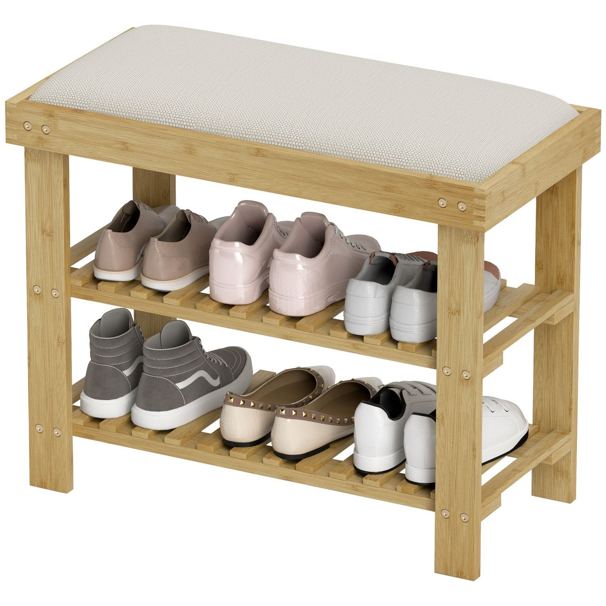 Banc à chaussures en bambou avec rangement, blanc crème, 60x29x49 cm