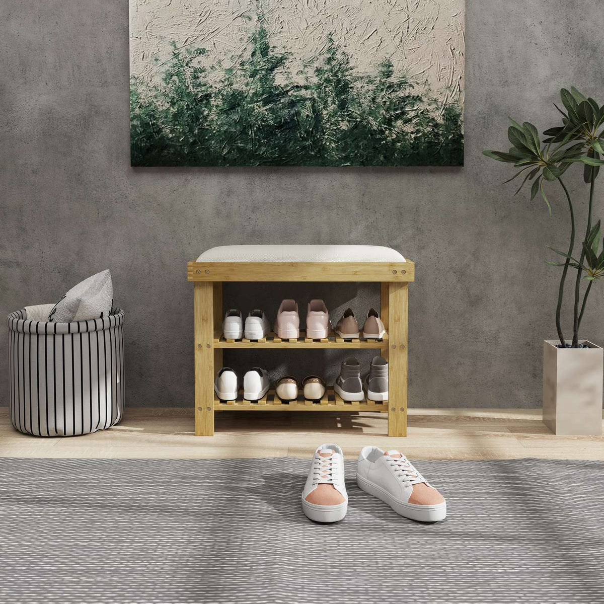 Banc à chaussures en bambou avec rangement, blanc crème, 60x29x49 cm