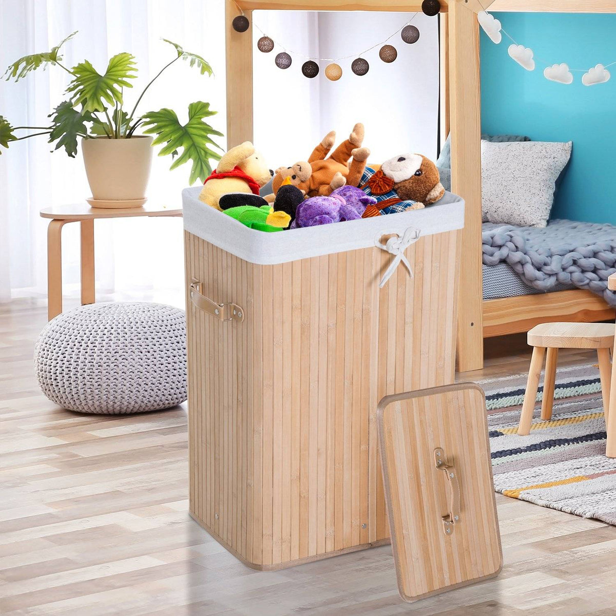 Panier à linge pliant en bambou 72L – sac en toile avec couvercle