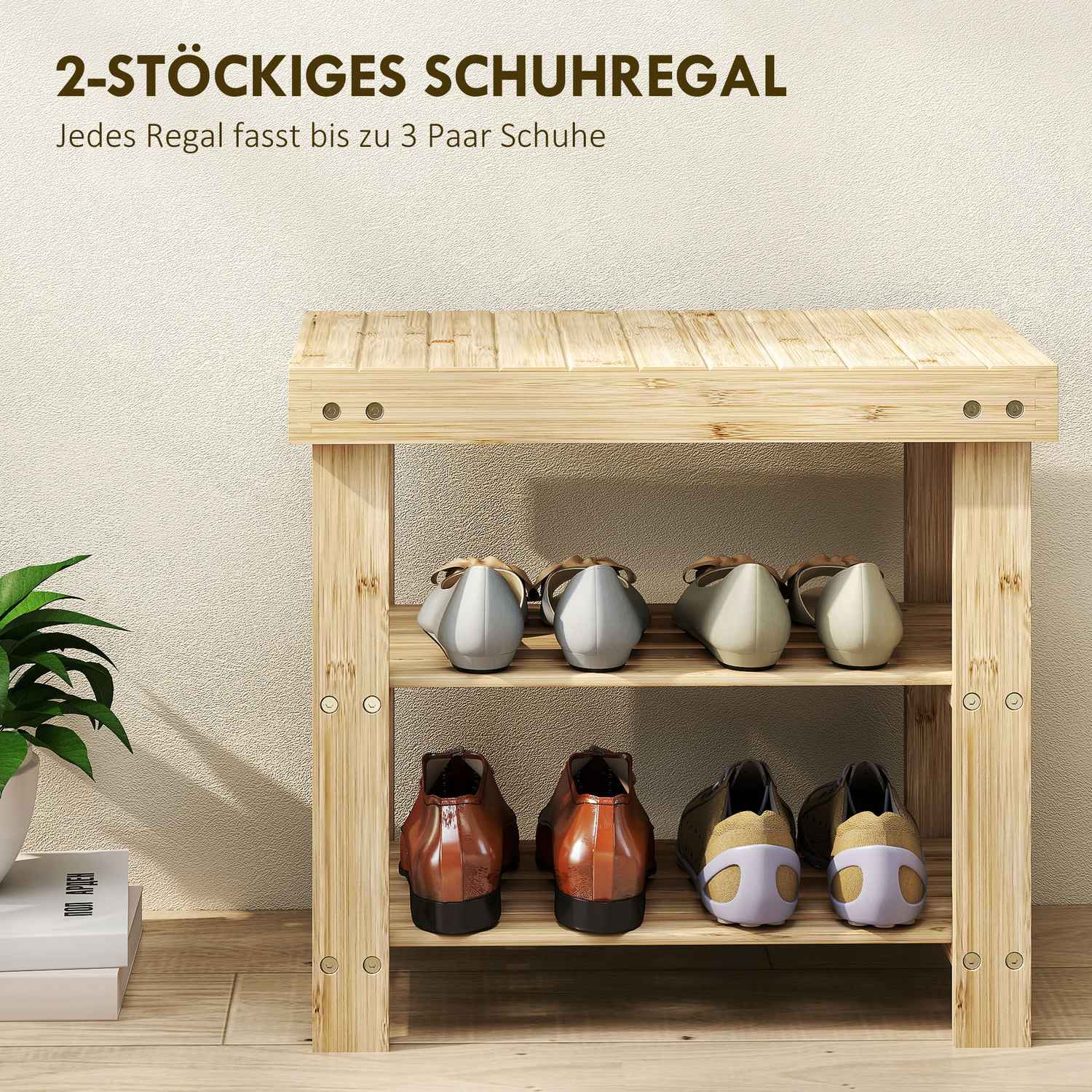 Bambuskobänk med 2 hyllor, 50x28x45cm, Naturfärgad