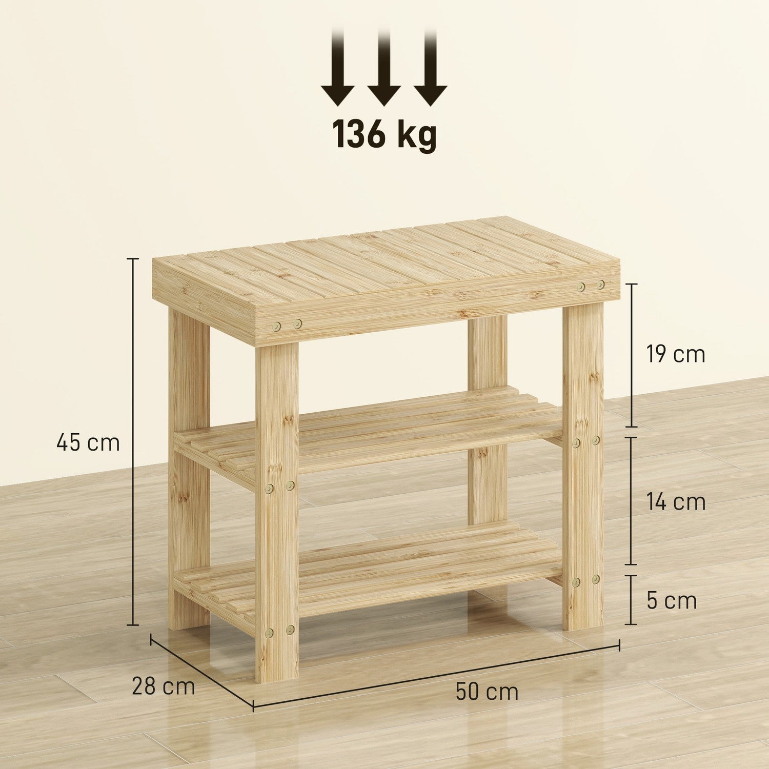 Bambuskobänk med 2 hyllor, 50x28x45cm, Naturfärgad