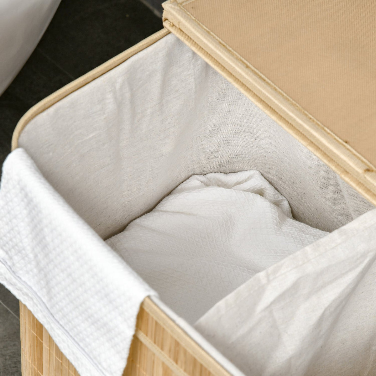 Panier à linge en bambou avec couvercle et 2 compartiments, 90L