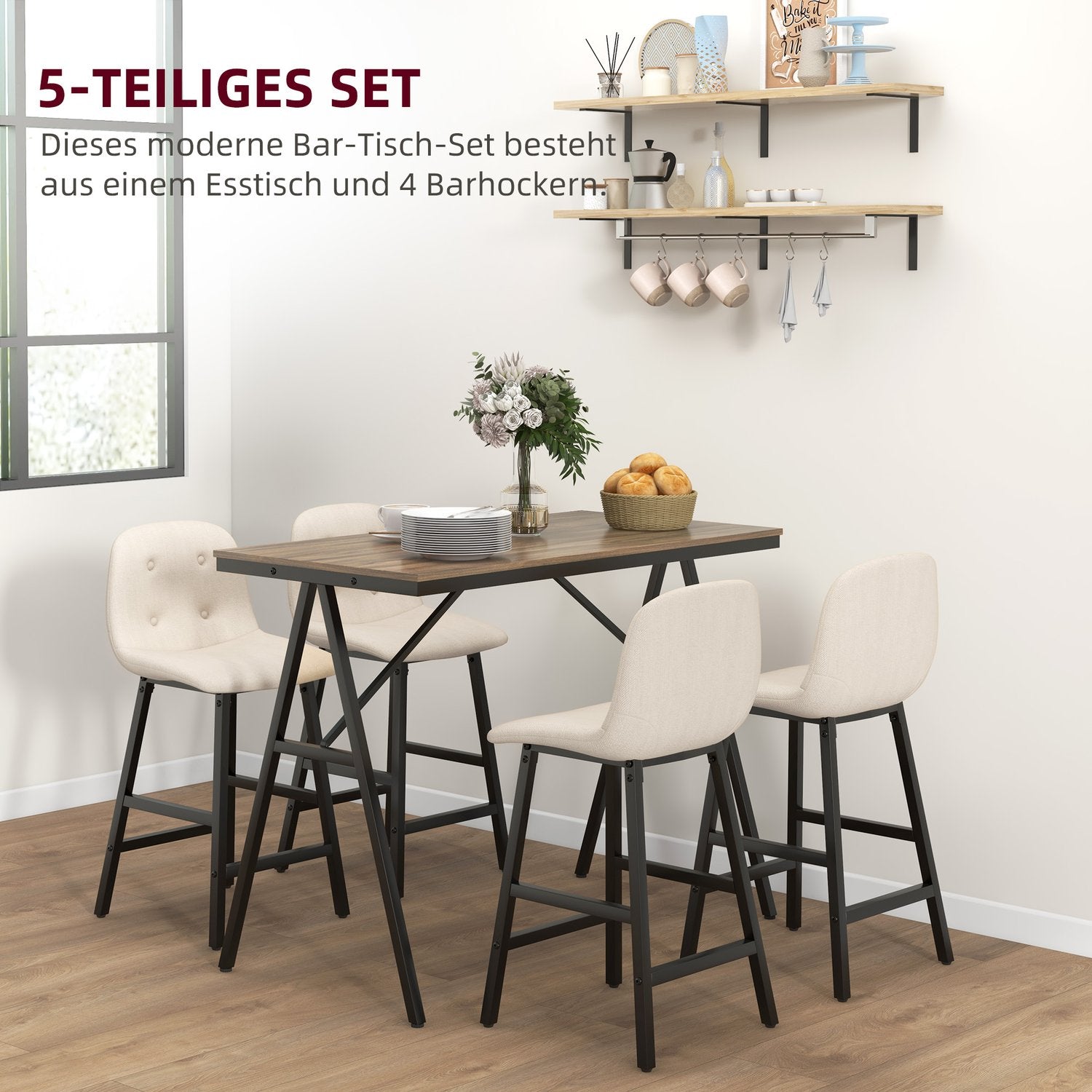Barbordsset med pallar, 5-delat, stål, beige, 120x60x91 cm