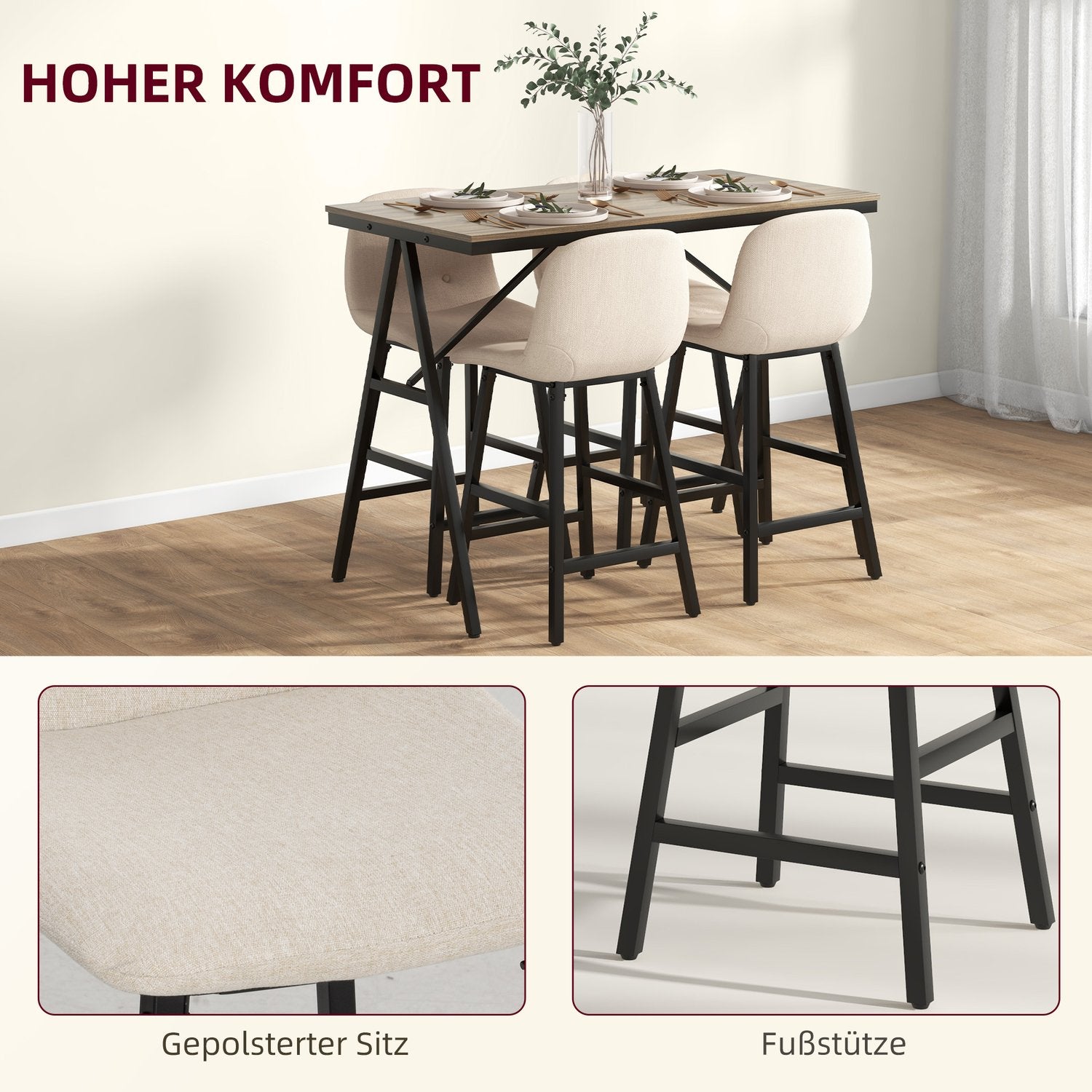Barbordsset med pallar, 5-delat, stål, beige, 120x60x91 cm
