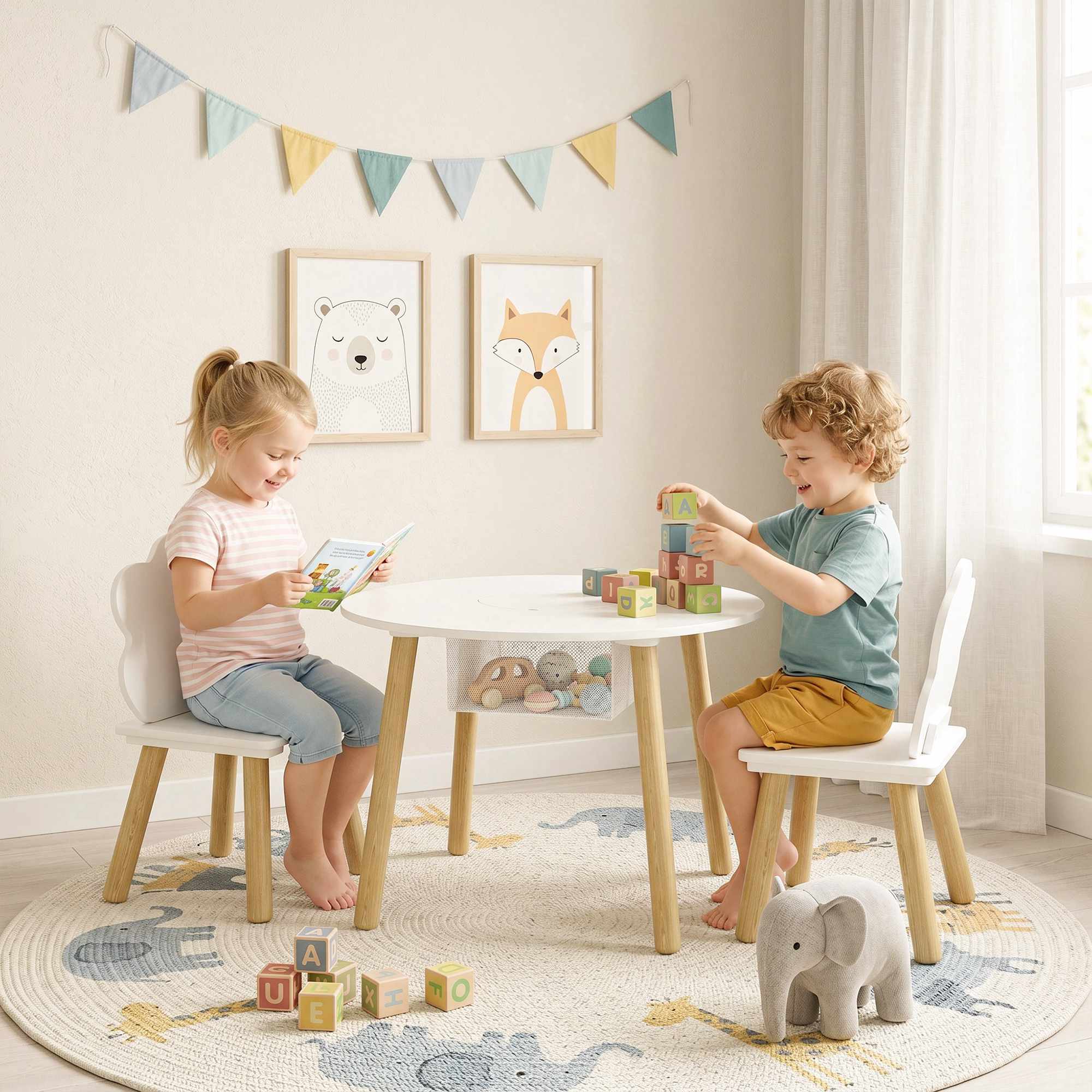 Barnbord och 2 stolar med förvaring, vit/naturfärgad