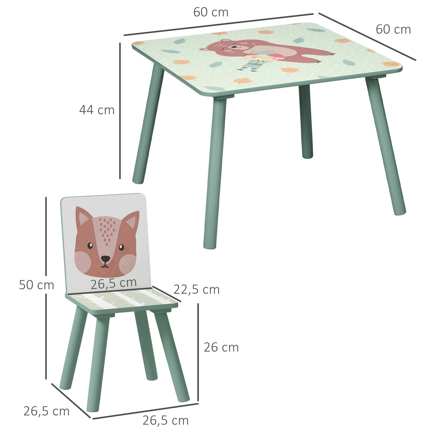 Barnbord och stolar – djurdesign, 3-8 år, grönt