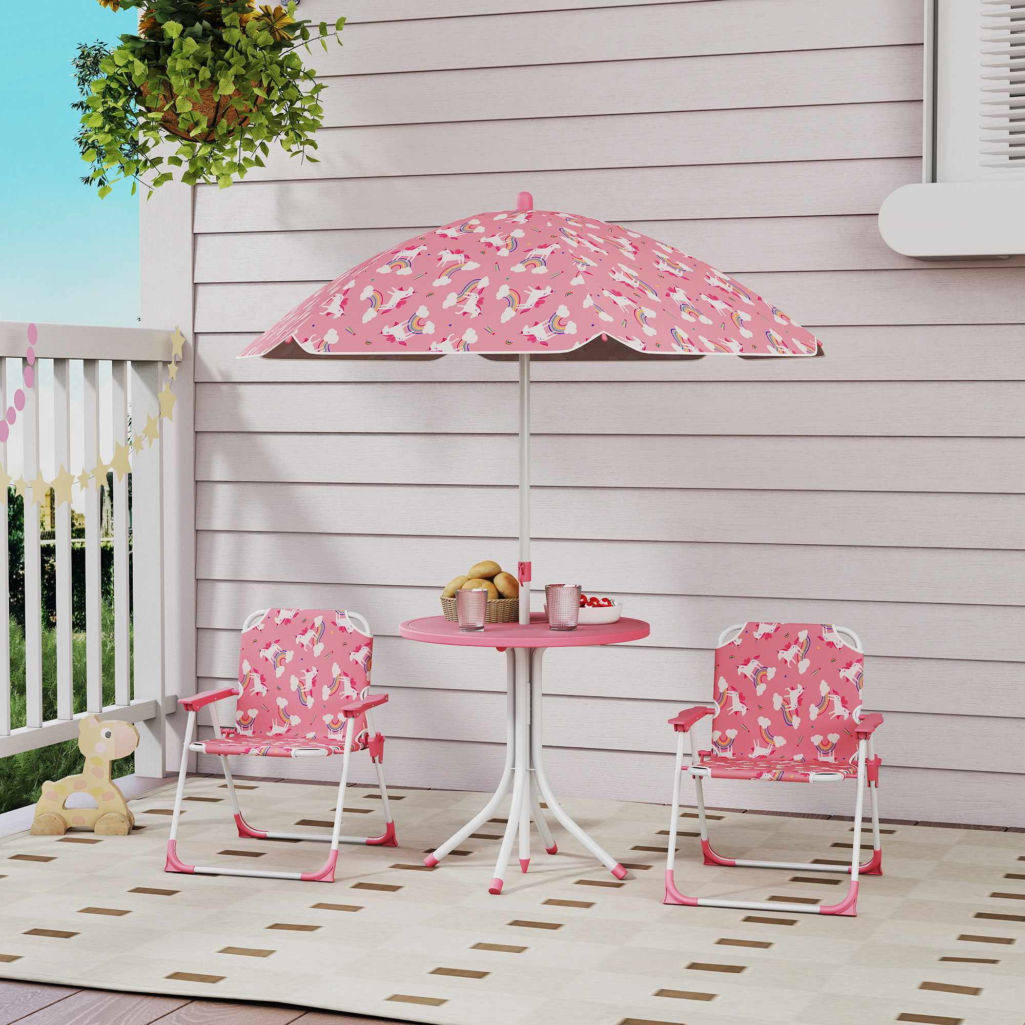 Barnbordsset med parasoll, rosa, 4 delar