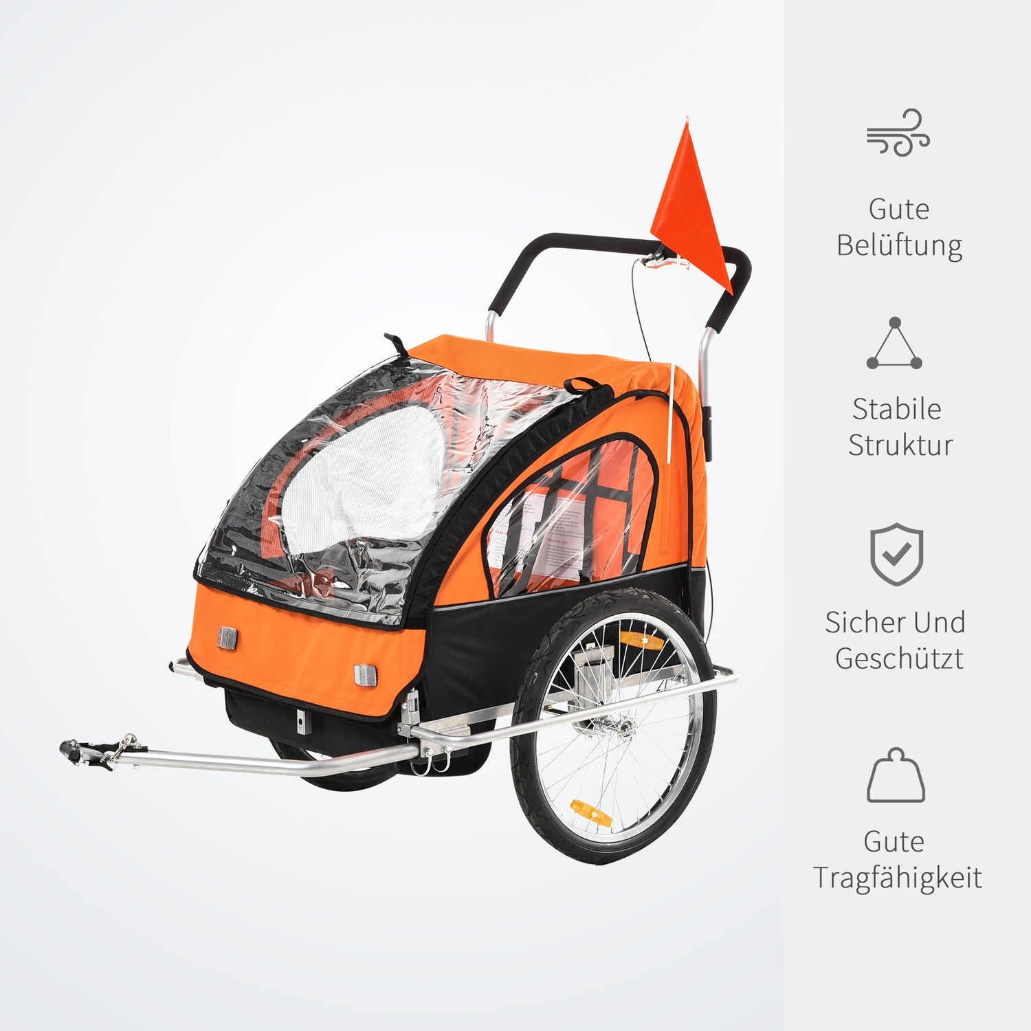 Barncykelvagn för 2 med flagga, regnskydd, stål