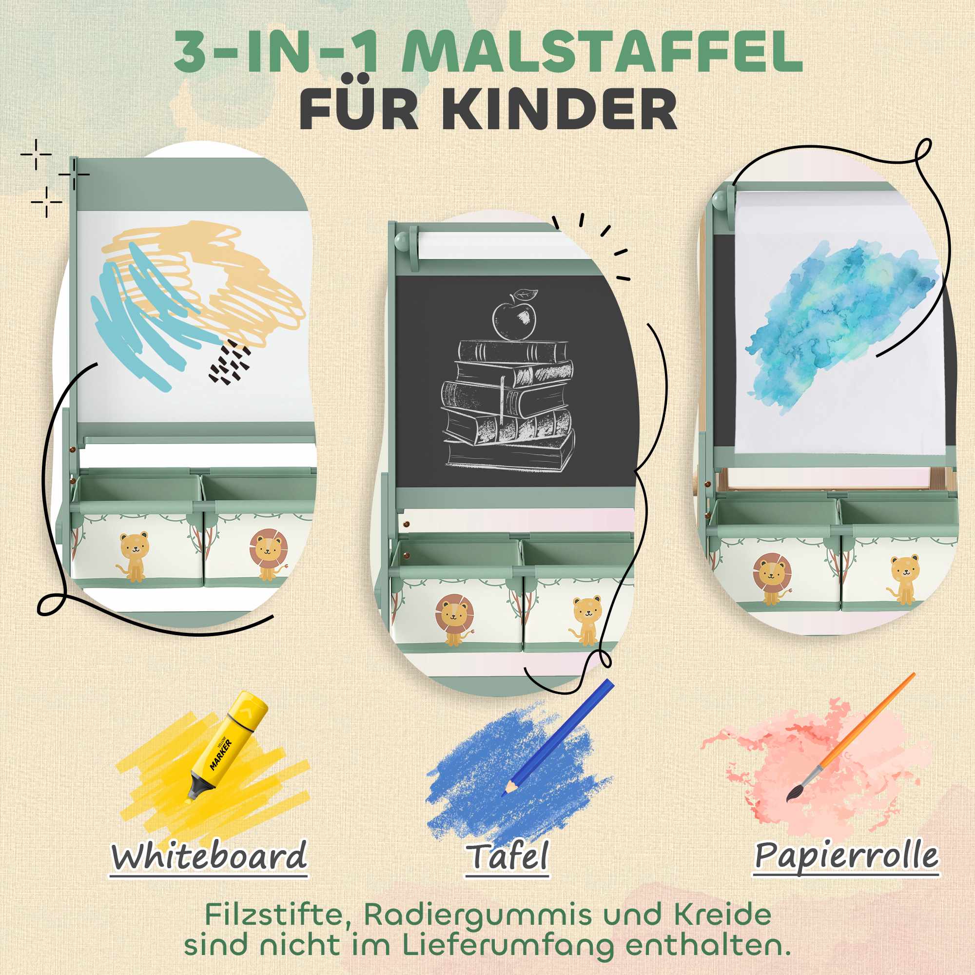 Barnens 3-i-1-staffli med svarta tavlor, whiteboard och pappersrulle