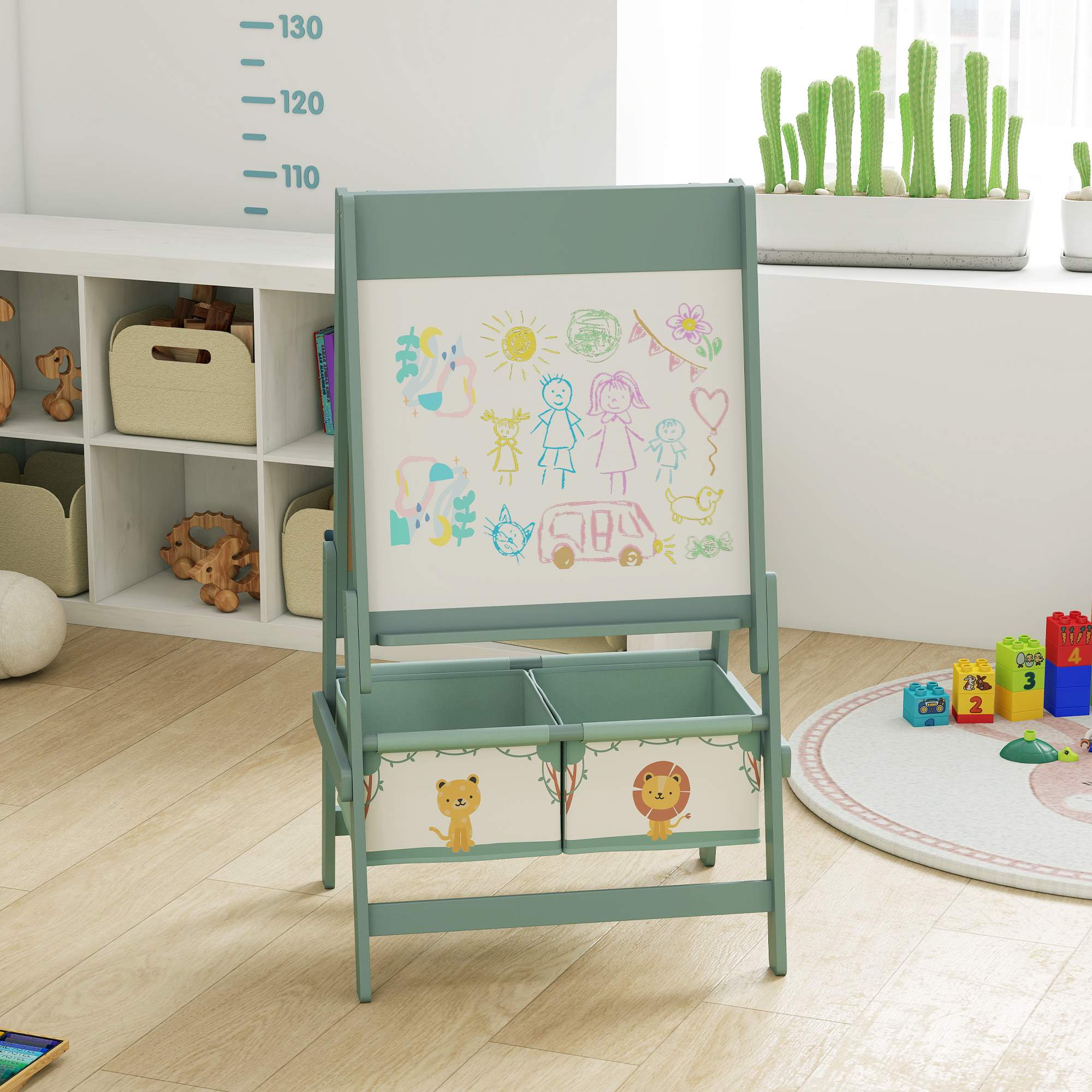 Barnens 3-i-1-staffli med svarta tavlor, whiteboard och pappersrulle