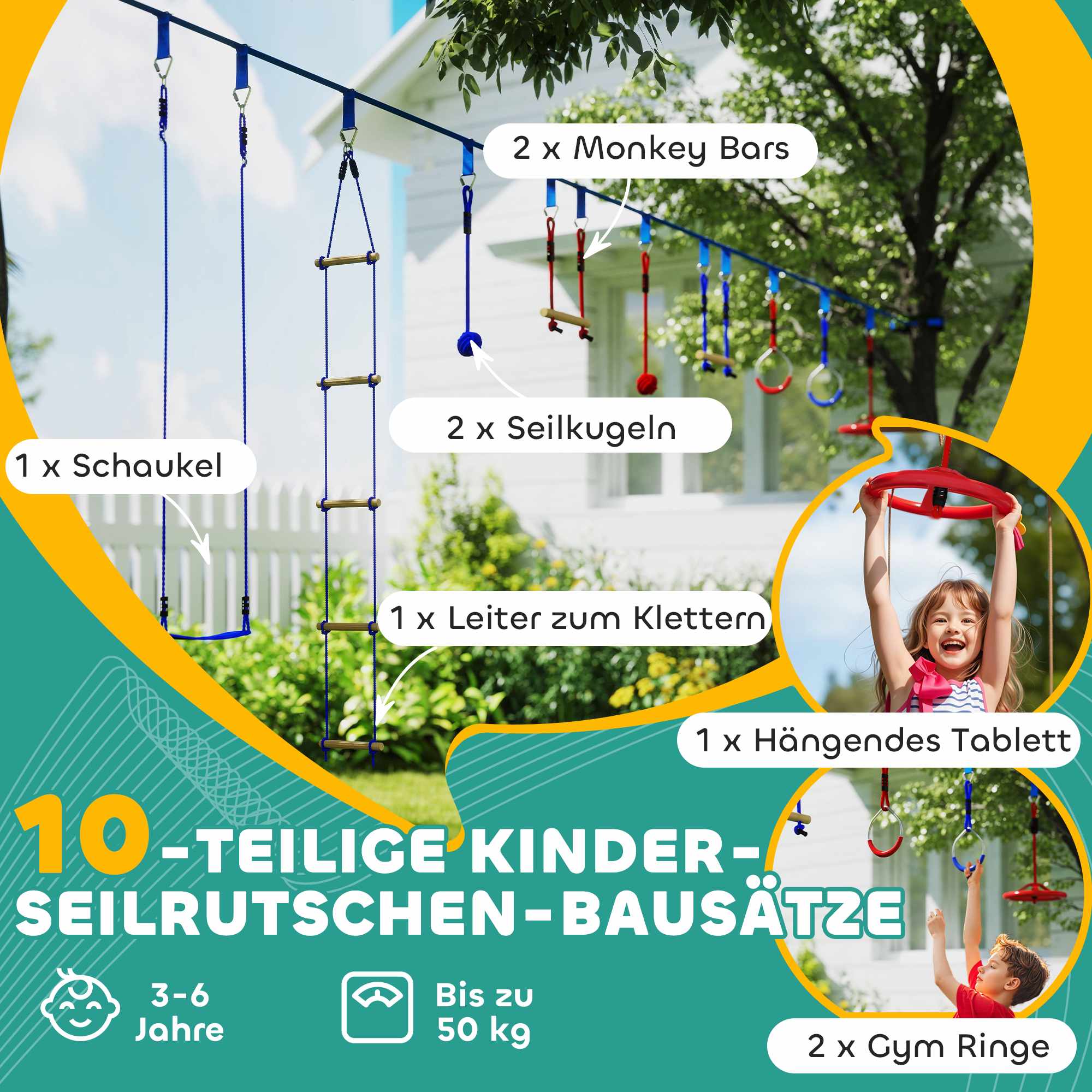 Barnens zipline-kit, 50 kg kapacitet, åldrar 3-6, blå