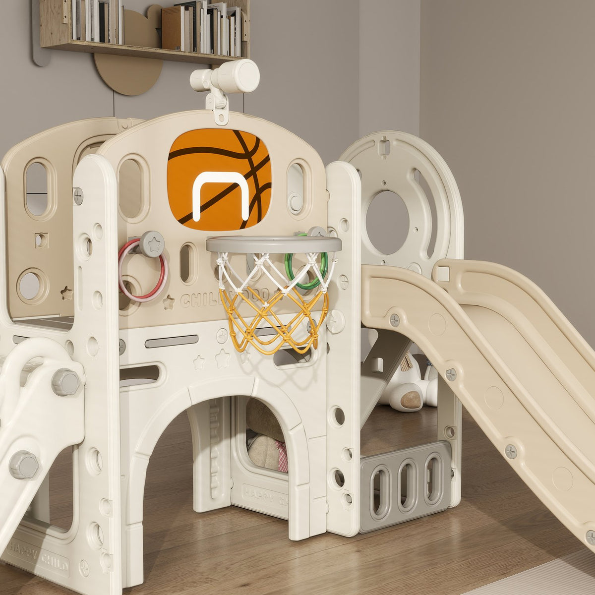Barns 7-i-1 rutschkana klätterställning med basketbåge
