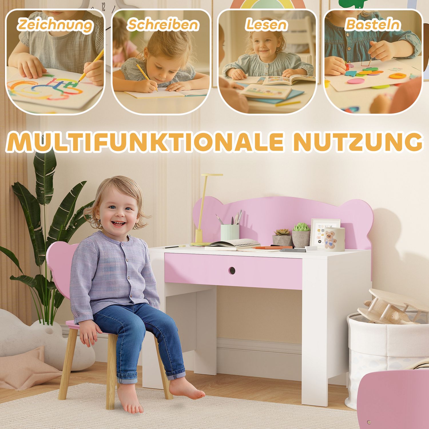 Barnskrivbordsset, björnformat skrivbord och stol med låda, för att skriva och pyssla, 3-8 år, rosa