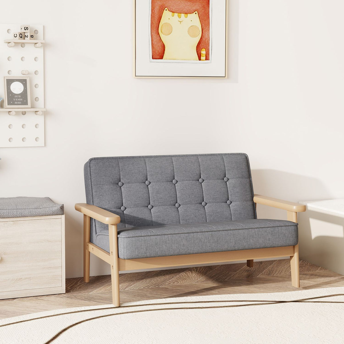 Barnsoffa, sammetslook, träram, åldrar 3-15, grå