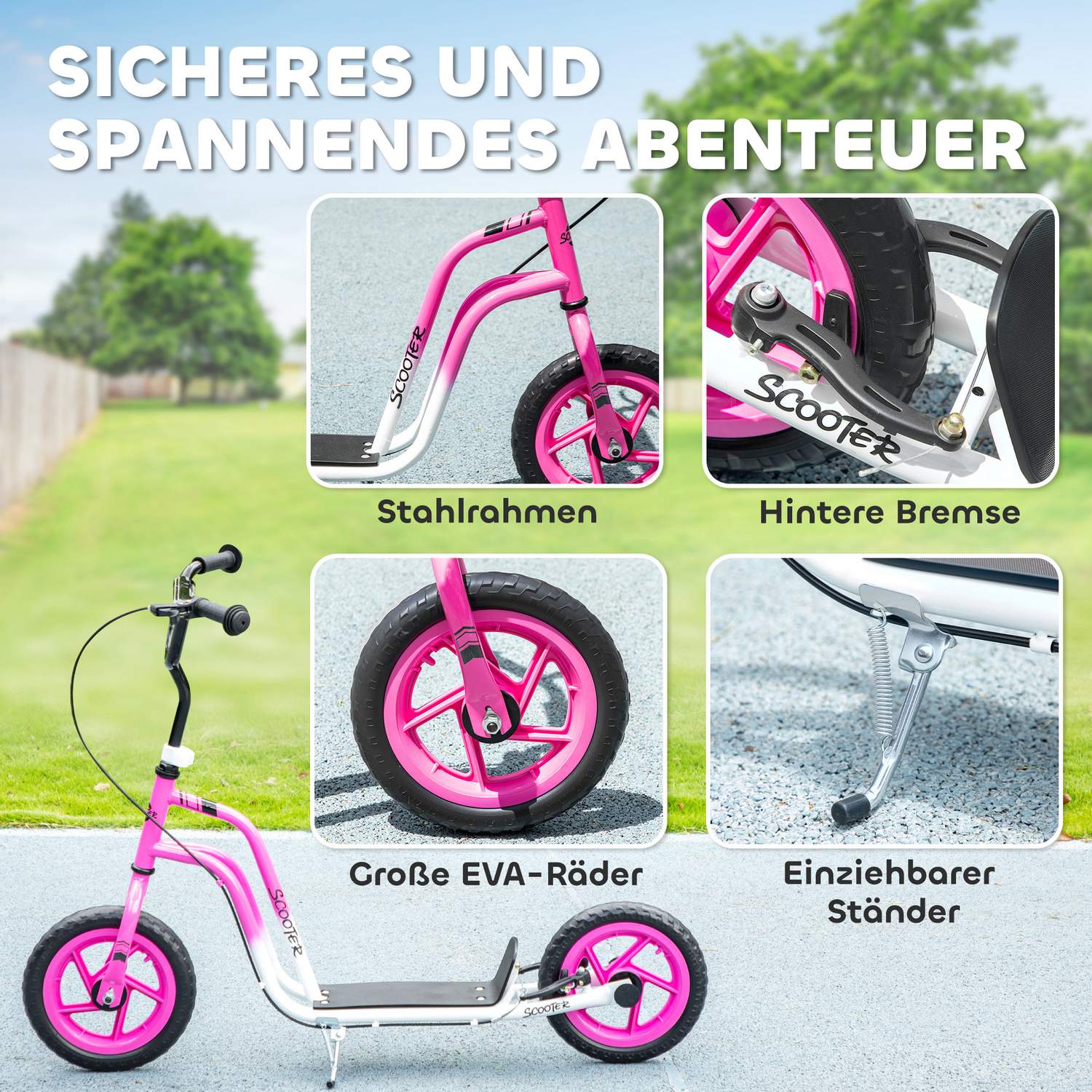 Barnsparkcykel, justerbart styre, stora hjul, rosa