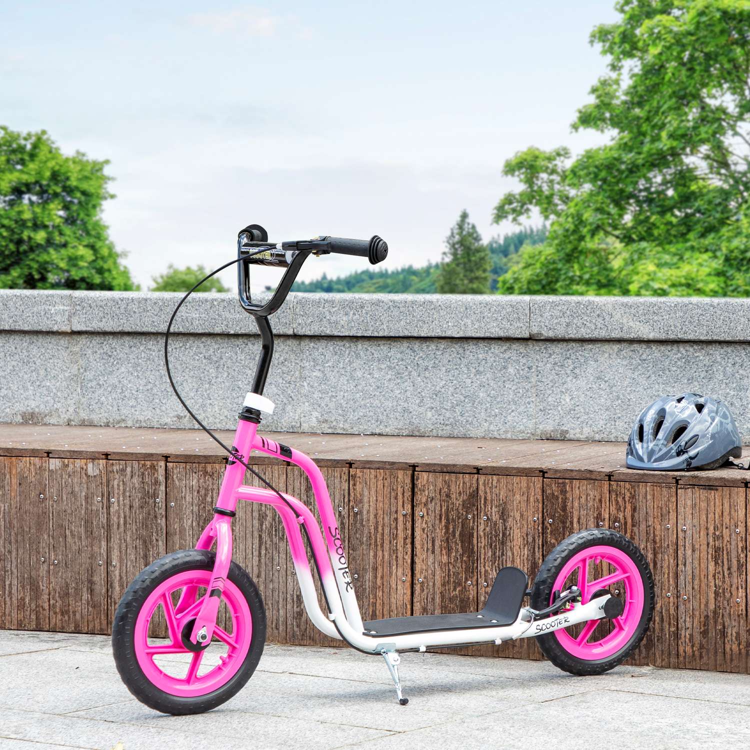 Barnsparkcykel, justerbart styre, stora hjul, rosa