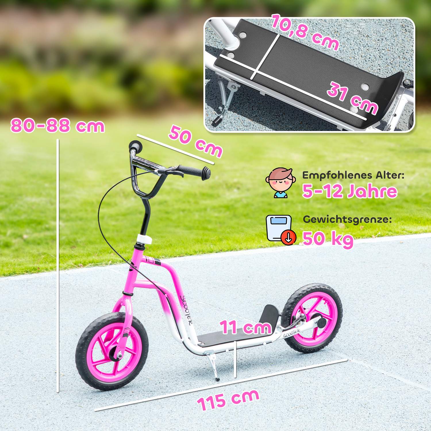 Barnsparkcykel, justerbart styre, stora hjul, rosa