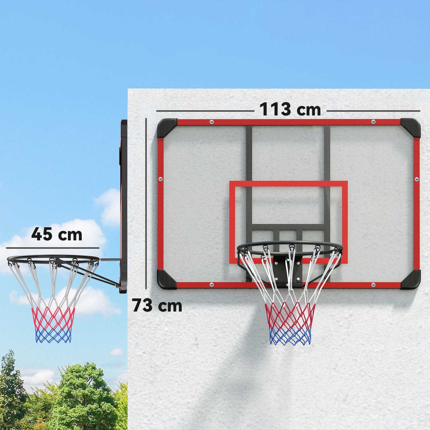 Basketbåge utomhus i stål, väggmonterad, 113 x 61 x 73 cm