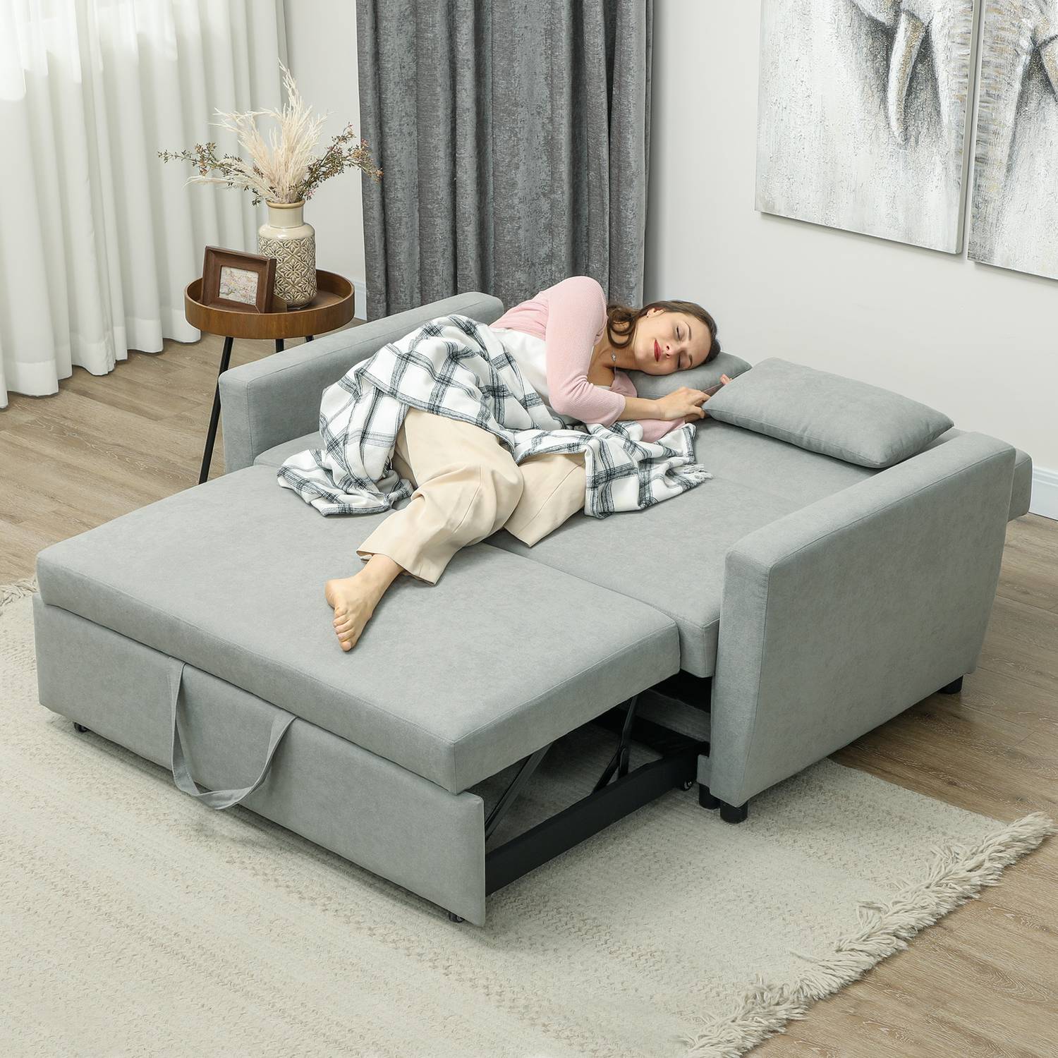 Bäddsoffa i sammetslook, 2-sits, justerbar, ljusgrå