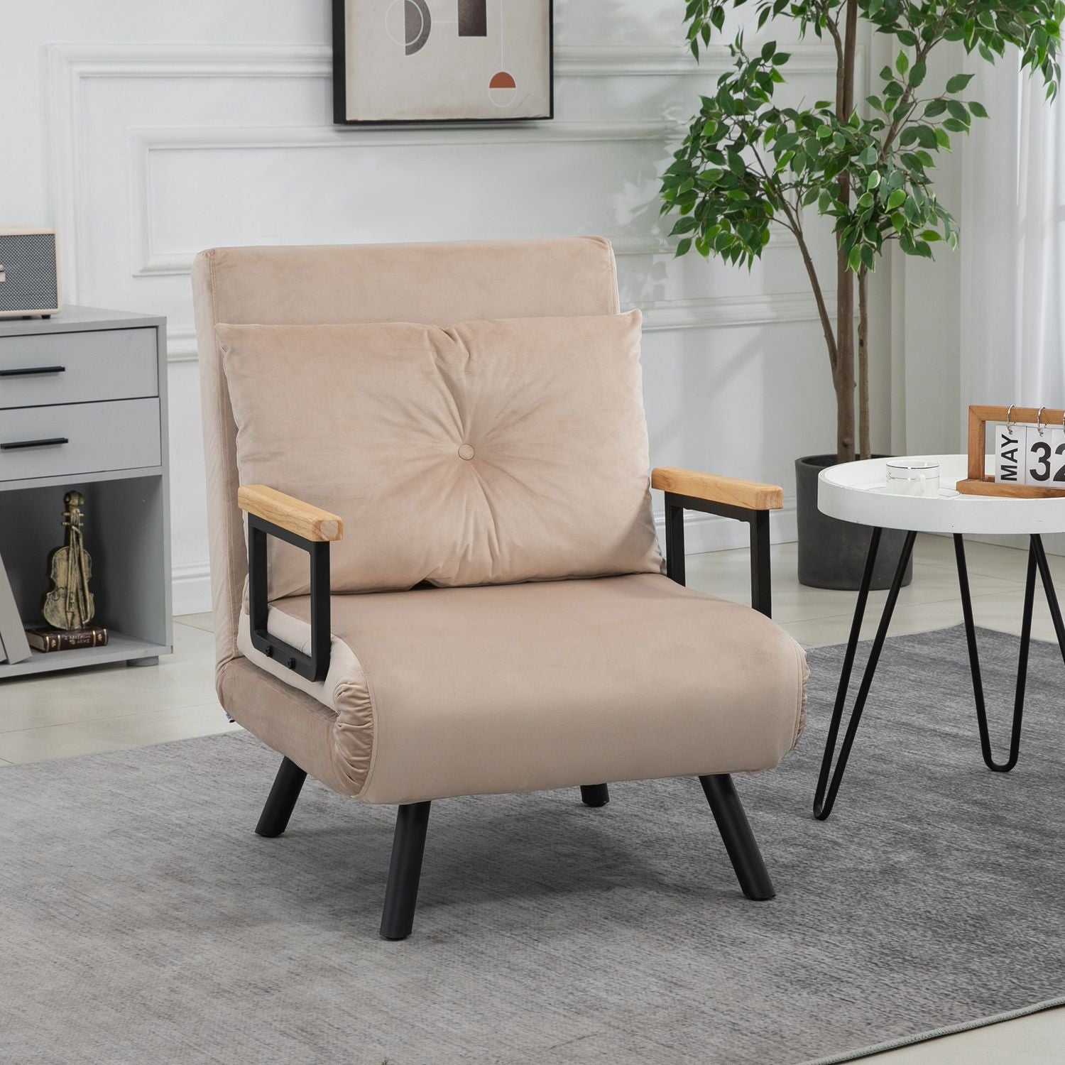 Bäddsoffa med justerbart ryggstöd, sammetslook, beige