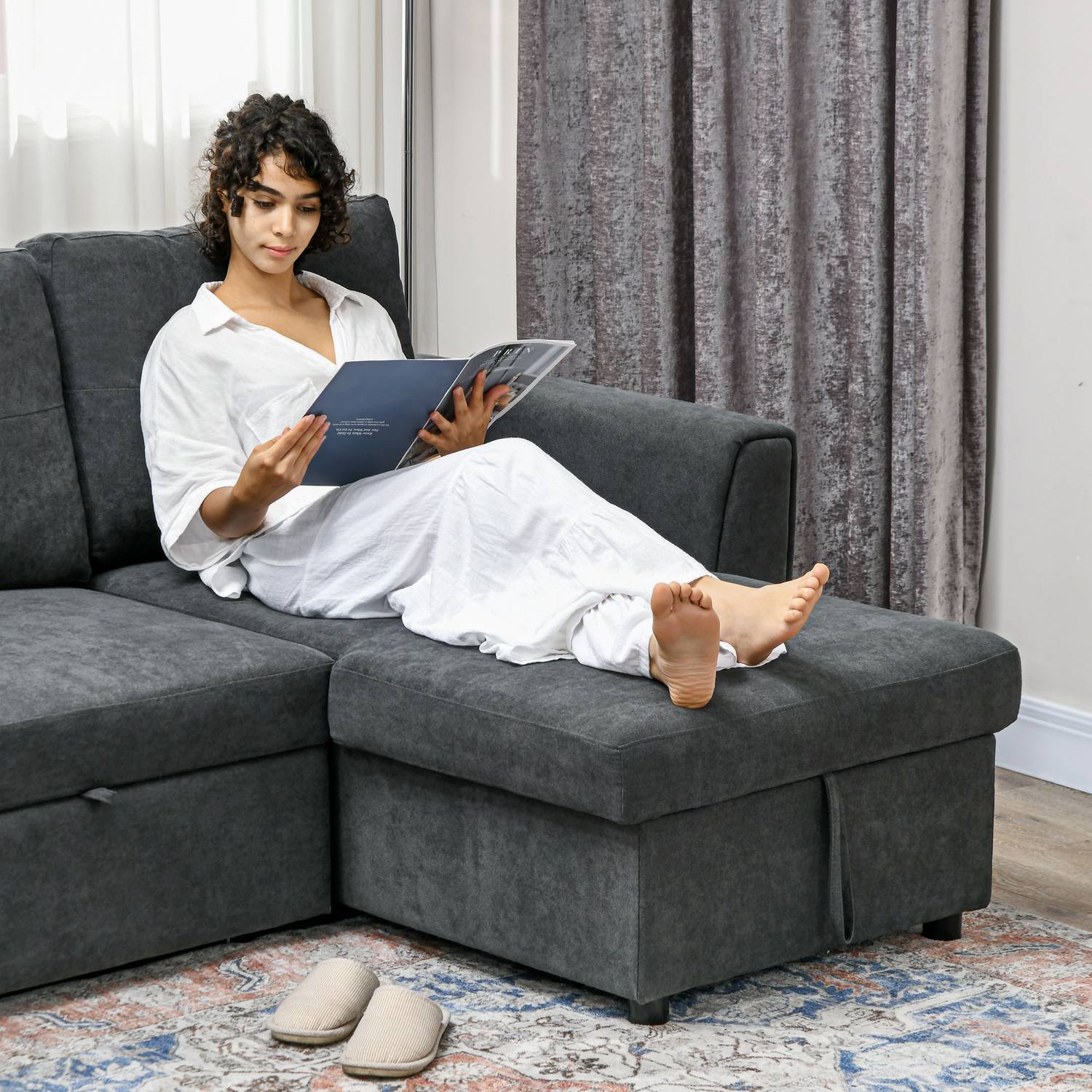 Bäddsoffa med schäslong, 3-sits, mörkgrå