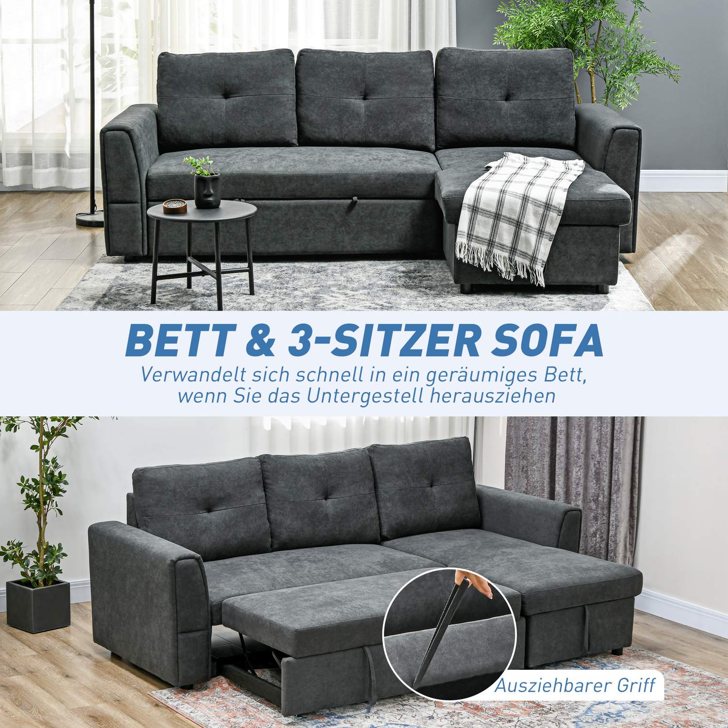 Bäddsoffa med schäslong, 3-sits, mörkgrå