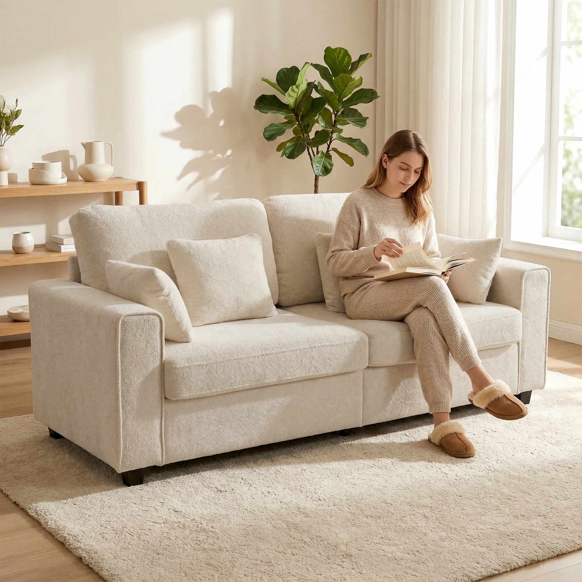 Beige 3-sitssoffa med sammetstyg och djup sits