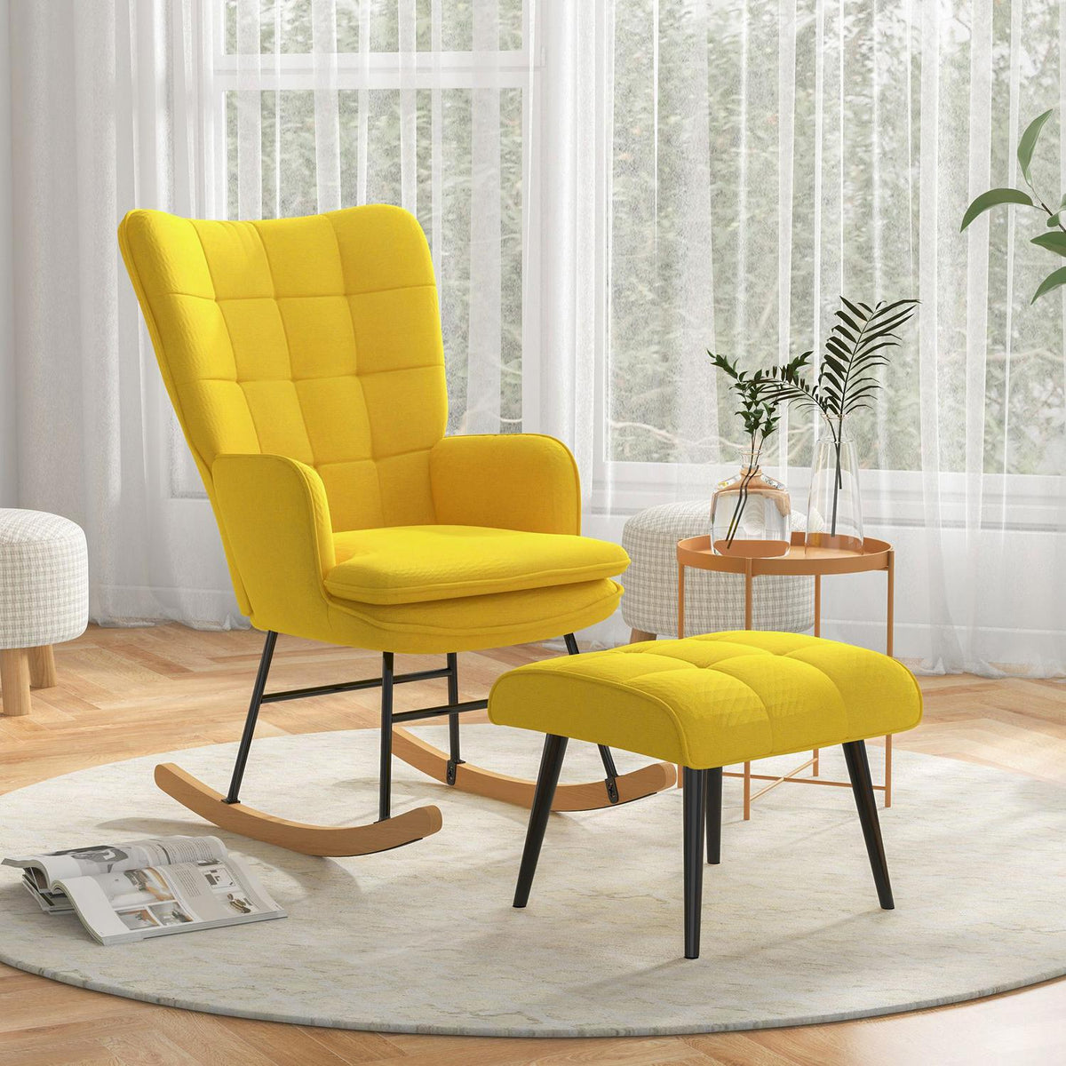 Chaise à bascule beige aspect lin avec pouf, capacité 130 kg