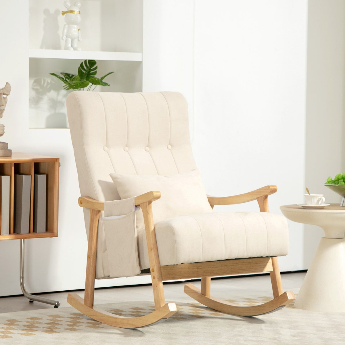Chaise à bascule en lin beige avec coussin lombaire et poche